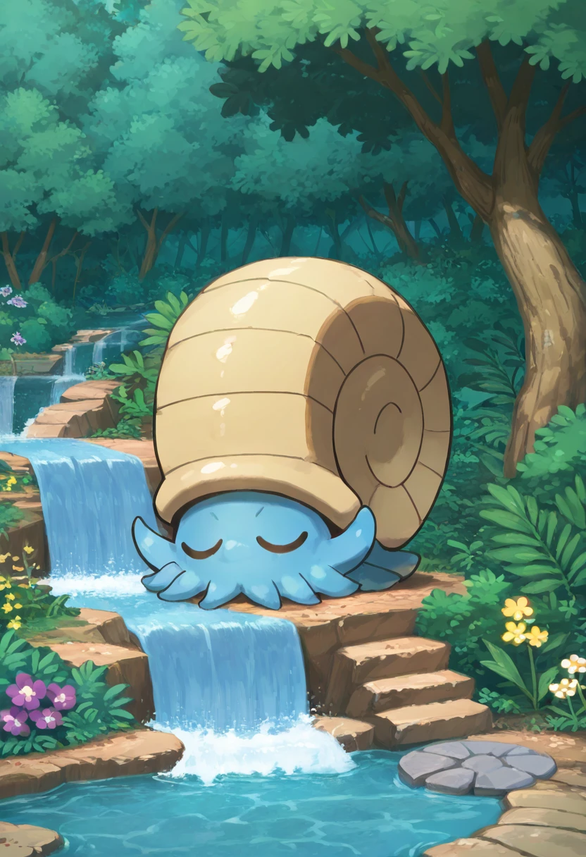 masterpiece, best quality, zzOmanyte, <lora:OmanytePokedex_IXL:1.0>, , solo, outdoors, purple flower, sleeping, stepping stones, tree, white flower, yellow flower, closed mouth, closed eyes, plant, bush, waterfall, river, forest,