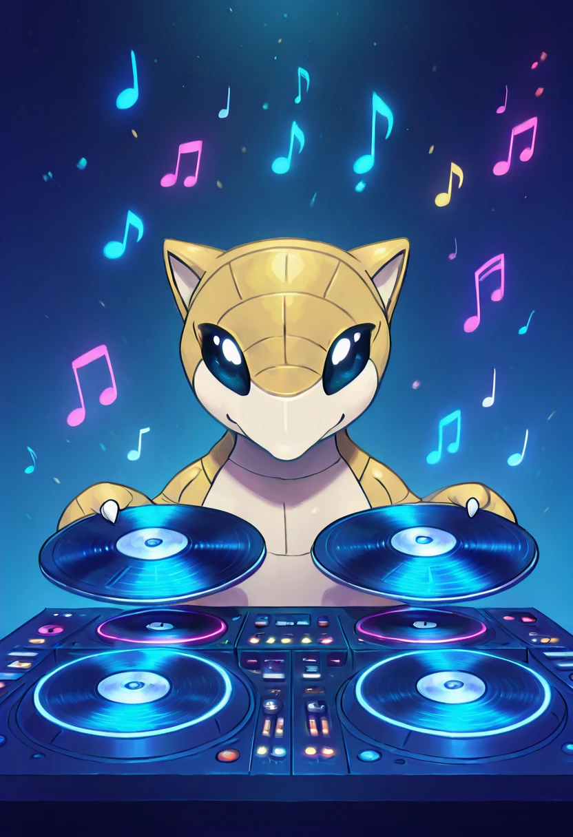 masterpiece, best quality, solo,    zzSandshrew,  , <lora:SandshrewPokedex_IXL:1.0>, , solo, looking at viewer, smile, AdFF, turntable, blue theme, (music notes, upper body), <lora:AudioFileFuture_IXL_v1:1.0>