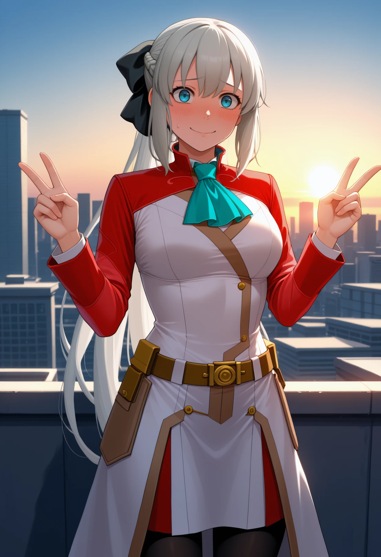 newest, solo, 1girl, nervous smile, looking at viewer, standing, double v, long hair, grey hair, sidelocks, french braid, ponytail, hair bow, black bow, blue eyes, raised eyebrows, white and red uniform, white dress, aqua ascot, brown belt, black pantyhose, outdoors, sunrise, building, rooftop, skyscraper, backlighting, shadow
<segment:yolo-Anzhc Face seg 640 v3 y11n.pt,0.5,0.5//cid=11>