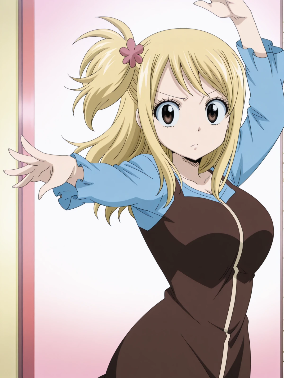 masterpiece, best quality, amazing quality,, <lora:lucy-heartfilia-s1s3s7-illustriousxl-lora-nochekaiser:1>, lucy heartfilia, hair ornament, one side up, long hair, blonde hair, brown eyes, mature female, large breasts, anime screencap, <lora:elsa-pose-illustriousxl-lora-nochekaiser:1>, elsa pose, solo, looking at viewer, arm up, hand up,, , ,