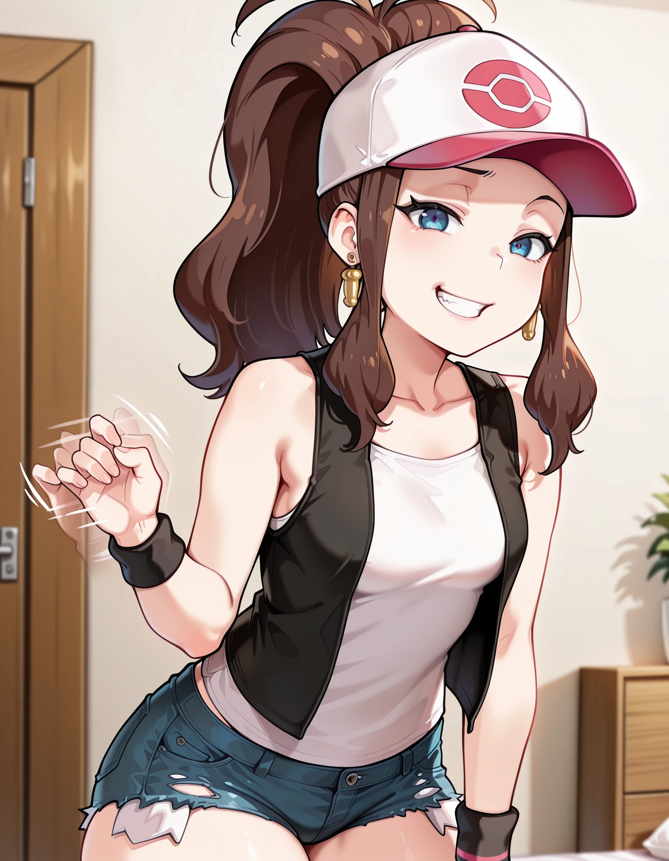 1girl, d1ck earrings, gold earrings, naughty face, grin, <lora:Penis_earring_IL_v1:0.9> leaning forward, <lora:HildaPokemonIXL:1> zzHilda, blue eyes, long hair, high ponytail, sidelocks, hat, collarbone, white shirt, black vest, sleeveless, wristband, short shorts, denim shorts, exposed pocket, <lora:handjob gesture_IL_v1:0.8> handj0b gesture, single hand up, looking at viewer, (hand afterimage:0.8),, masterpiece, best quality, amazing quality, very aesthetic, absurdres, newest,