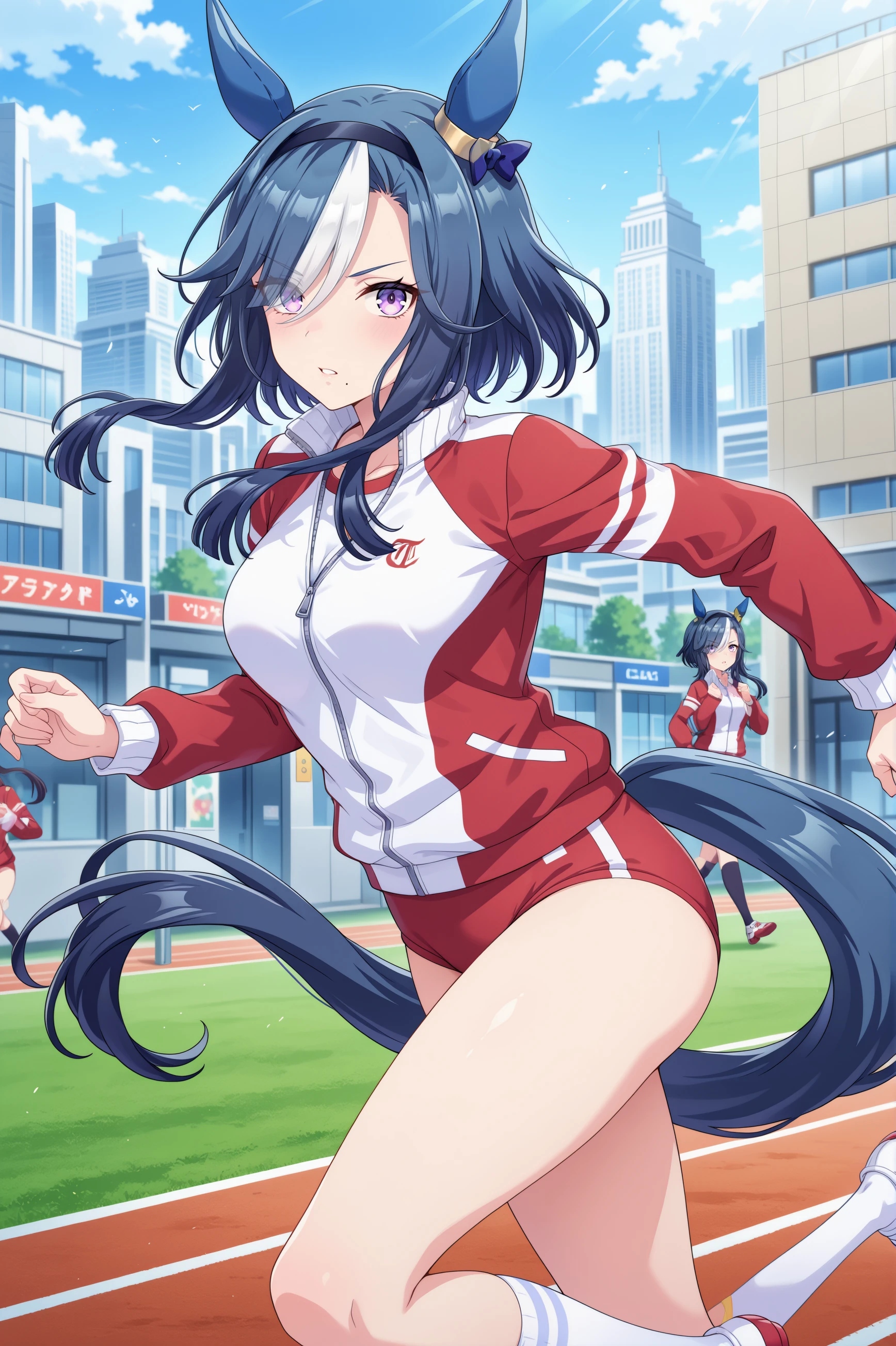 1girl, admire groove \(umamusume\), umamusume, animal ears, horse ears, horse girl, solo,
blue hair, purple eyes, multicolored hair, crown braid, ear covers, ear bow, medium breasts, white hair, two-tone hair, streaked hair, ear ornament, black hairband, medium hair, mole under mouth, blue bow, short hair with long locks, eyes visible through hair, hair over one eye,
<lora:admiregroove_Illust_v1:0.6>
tracen training uniform,red jacket ,track jacket ,long sleeves, red buruma, running,
from side, feet out of frame, looking back, v-shaped eyebrows, parted lips,Toronto city,
(masterpiece, best quality, newest, highres), (anime coloring:1.5), (anime screenshot:1.5)