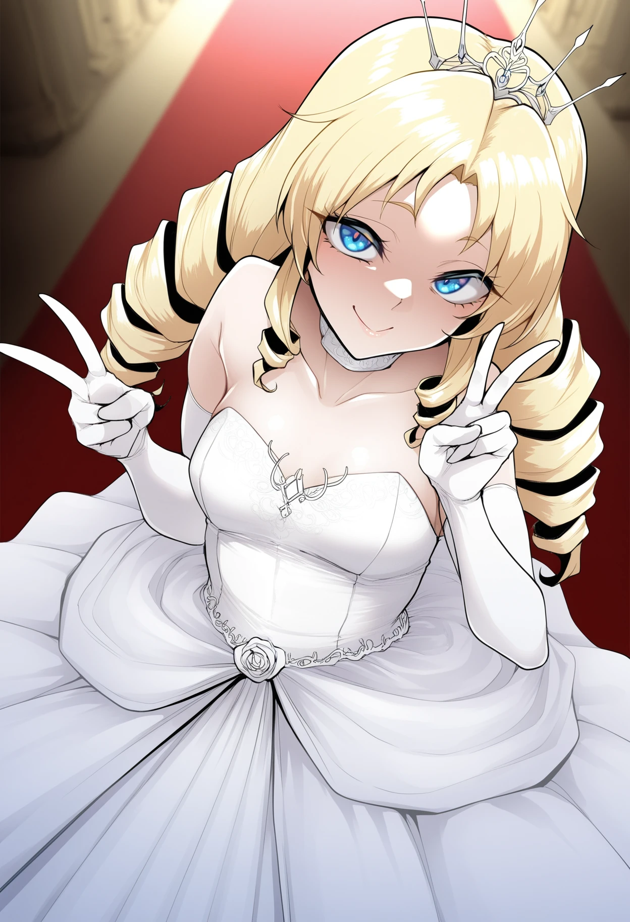 <lora:sian_5ty1e_v2:1> sian_5ty1e, 1girl, solo, rishia_mesu_gacha, blonde hair, twin drills, crown, wedding dress, looking at viewer, v, smile,