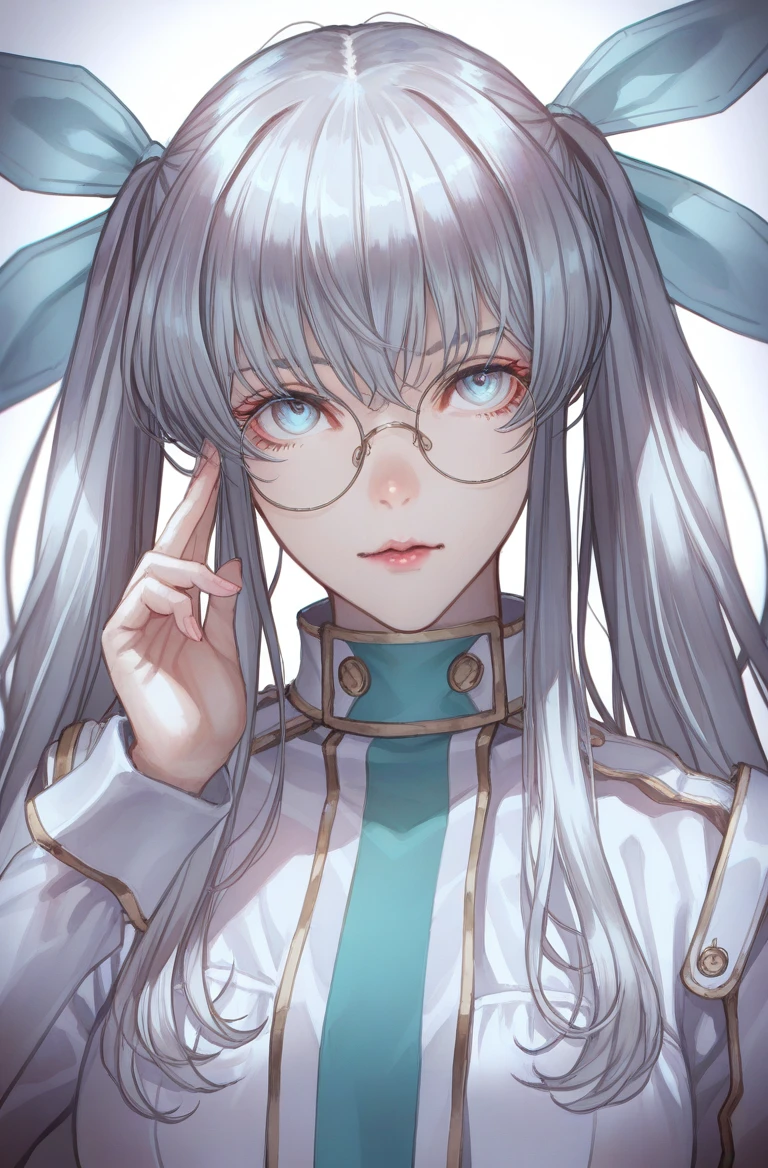 <lora:Olmine_Illustrious:1> olmine, glasses, ribbons, 1girl, upper body,, masterpiece, best quality, newest, absurdres, highres, new, kaoming, love cacao