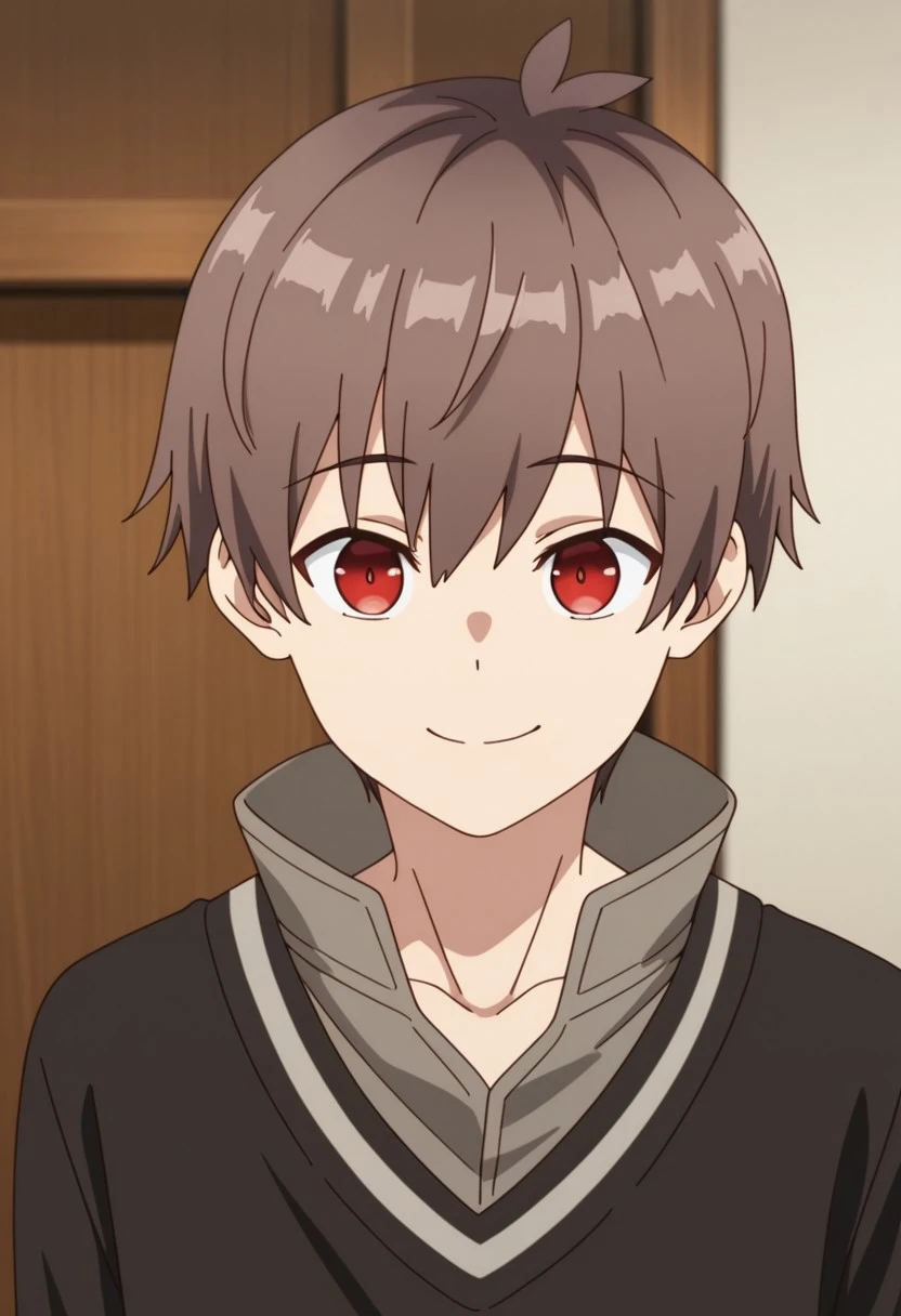 masterpiece,best quality,amazing quality, source_anime, 
areprt, 1boy, male focus, solo, red eye, brown hair, collarbone, brown shirt, high collar, brown sweater, long sleeves,  smile,