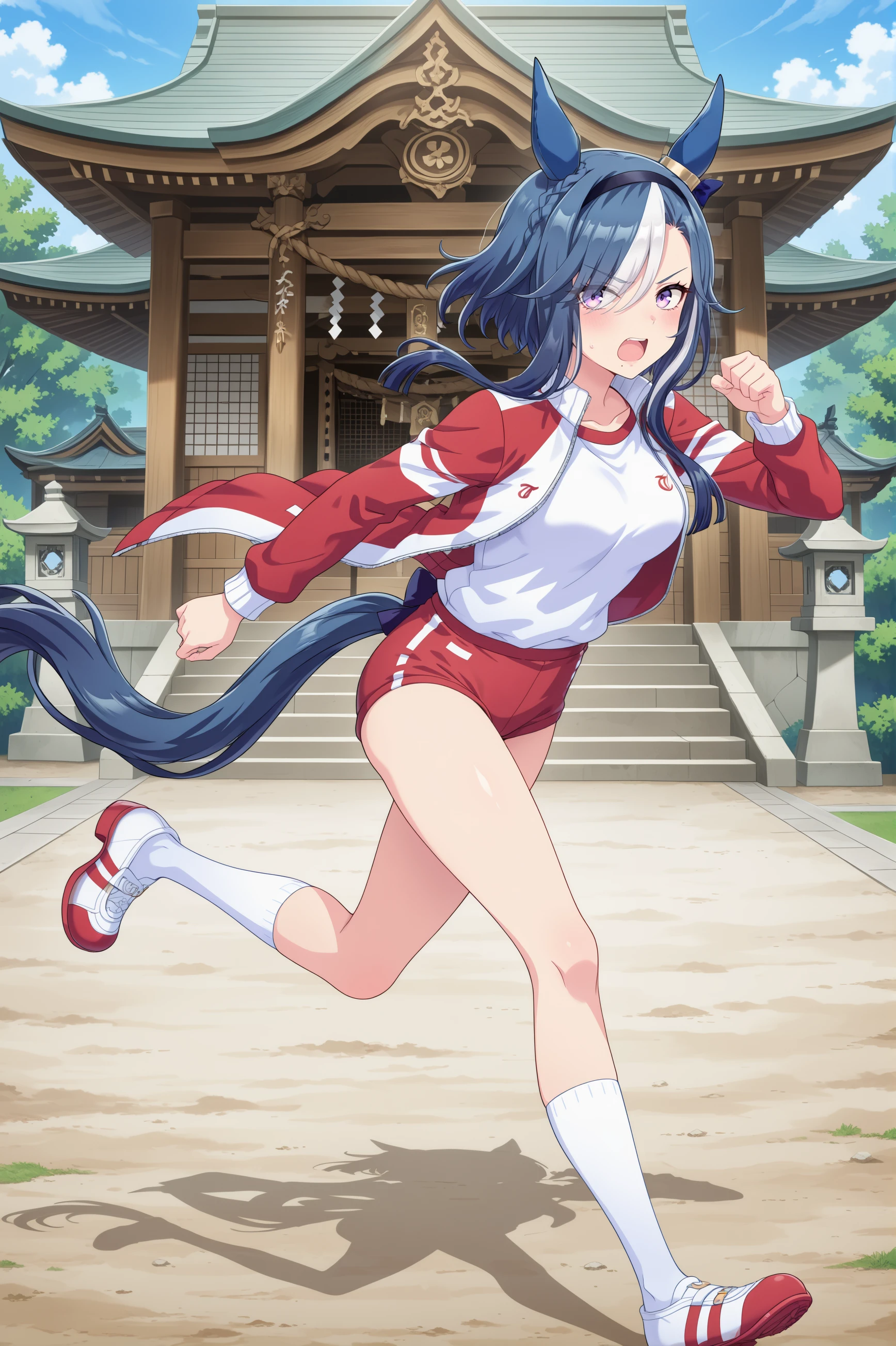 1girl, admire groove \(umamusume\), umamusume, animal ears, horse ears, horse girl, solo,
blue hair, purple eyes, multicolored hair, crown braid, ear covers, ear bow, medium breasts, white hair, two-tone hair, streaked hair, ear ornament, black hairband, medium hair, mole under mouth, blue bow, short hair with long locks, eyes visible through hair, hair over one eye,
<lora:admiregroove_Illust_v1:0.6>
tracen training uniform,red jacket ,track jacket ,long sleeves, red buruma, running,
from side, wide shot, looking back, angry, open mouth,shrine,
(masterpiece, best quality, newest, highres), (anime coloring:1.5), (anime screenshot:1.5)