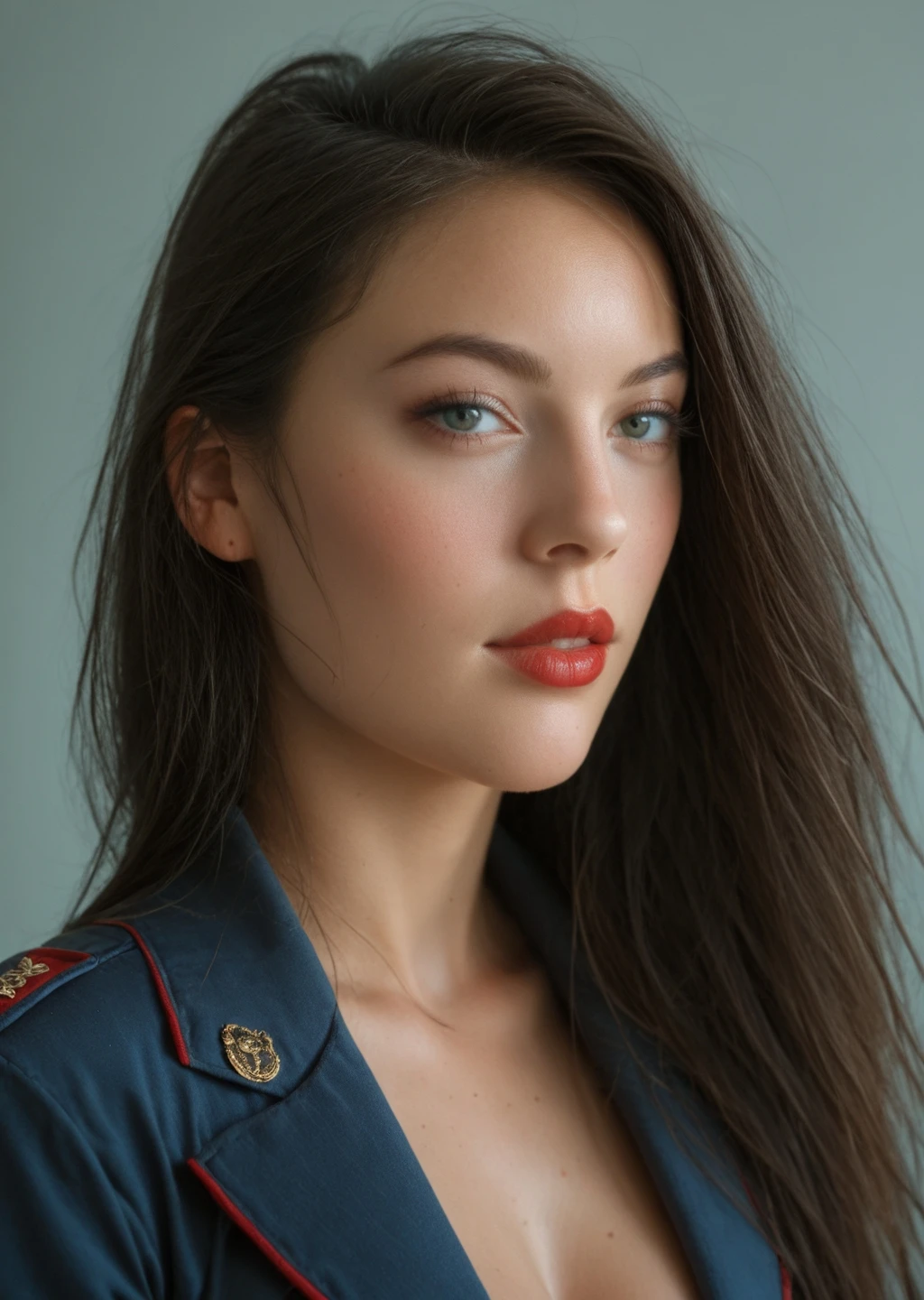 score_9, score_8, score_7, 1girl, solo, detailed texture of facial skin, masterpiece close-up portrait of sexy (Lorena:1.3), long straight black hair with straight bangs, red lips, captain uniform