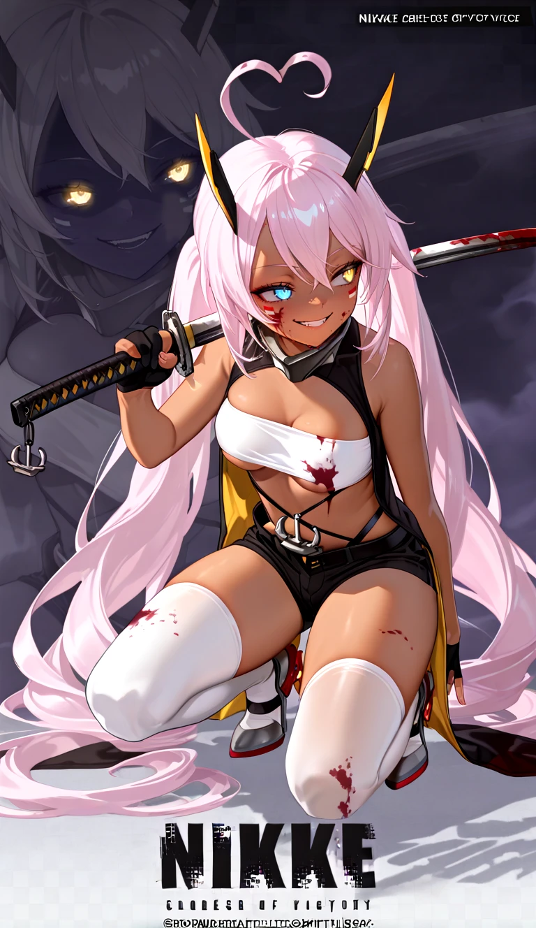 masterpiece, best quality, newest, absurdres, highres, NikkeProfile, full body, checkered background, zoom layer, copyright name, character name, english text, logo, on one knee, looking to the side,(glowing eyes:1.6), <lora:NikkeProfile_illusXLNoobAI_Incrs_v2:1> ,(darkness:1.6),(glowing eyes:1.6), (horror:1.6), horror \(theme\), disease,(evil smile:1.6),  (slanted eyes:1.4), holding katana,blood on face,(blood on clothes:1.6), fog, katana over shoulder, blood on weapon,
 <lora:Tyber_Indianpolis_AL_NAI:1>  indidef, very long hair, light pink hair, heart ahoge, side ponytails, low twintails, heterochromia, blue eyes,yellow eyes,mechanical horns, ,dark skin, dark-skinned female,medium breasts, gorget, underboob, dark-skinned female, facepaint, white bandeau, sleeveless jacket, two-tone jacket, open jacket, cropped jacket, partially fingerless gloves, anchor, black shorts, short shorts, belt, single thighhigh, single kneehigh, white thighhigh, white kneehigh, asymmetrical legwear, high heels, rudder footwear,