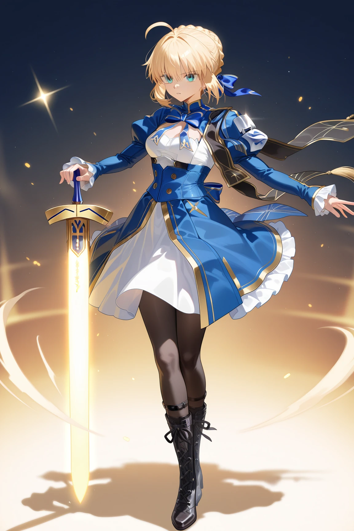 <lora:c_saber (honkai star rail)_(fate)_ilv1.0-xl:1>,saber \(honkai star rail\) \(fate\),1girl,artoria pendragon \(fate\),solo,saber \(fate\),weapon,sword,boots,braid,pantyhose,excalibur \(fate/stay night\),ribbon,ahoge,holding weapon,long sleeves,holding,holding sword,blue ribbon,cross-laced footwear,dress,juliet sleeves,hair ribbon,hair bun,full body,glowing sword,glowing weapon,black pantyhose,puffy sleeves,french braid,bow,lace-up boots,braided bun,single hair bun,, masterpiece, best quality,