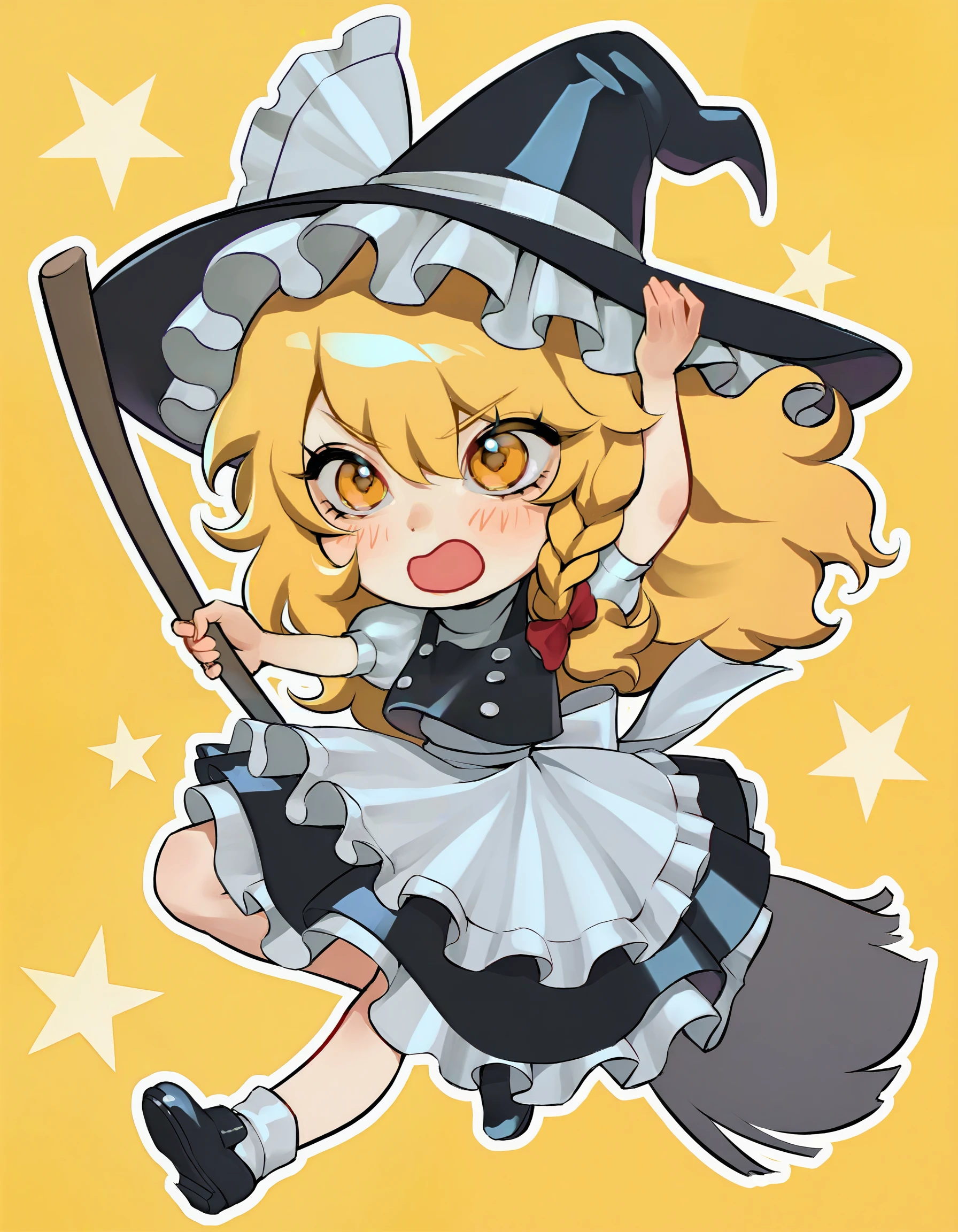 lavelis, <break> 1girl, kirisame marisa, (chibi:1.2), full body, blush lines, brown hair, dynamic pose, holding broom, light yellow background, outline, <break> very awa, masterpiece, best quality, amazing quality, highres, detailed background, ultra-detailed, <segment:yolo-face_yolov8n.pt,0.3,0.4//cid=11> <segment:yolo-hand_yolov8n.pt,0.3,0.4//cid=12>
