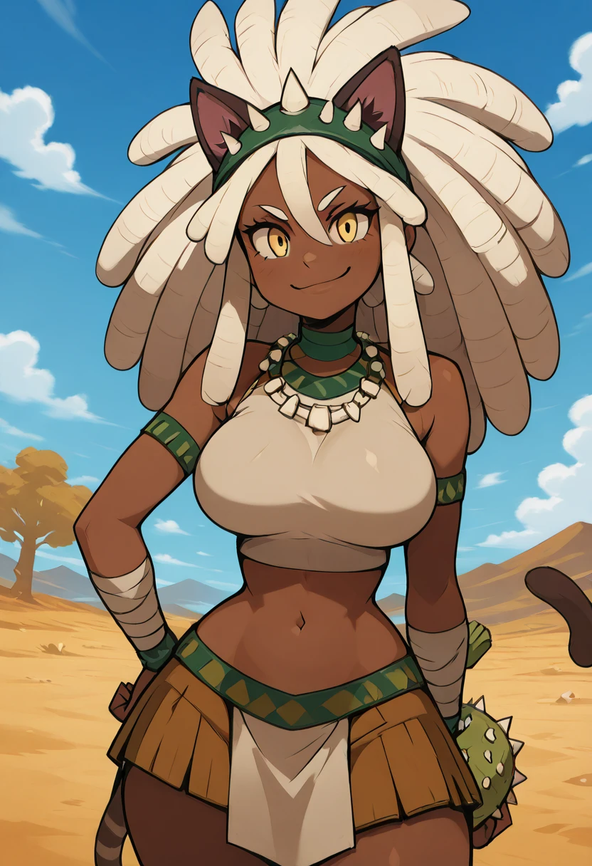 masterpiece, best quality, solo, curvy, beautiful eyes, narrow waist, wide hips, 1girl, solo, smile, looking at viewer, foreshortening, close up,    zzKacti, yellow eyes, white hair, long hair, sidelocks, dreadlocks, dark skin,  <lora:KactiThorn:1.0>, , smile, looking at viewer, cowboy shot,  large breasts, wild, zzSavage, animal ears, bone necklace, tribal, animal print, midriff, tail, <lora:SavageNAI:1.0>,