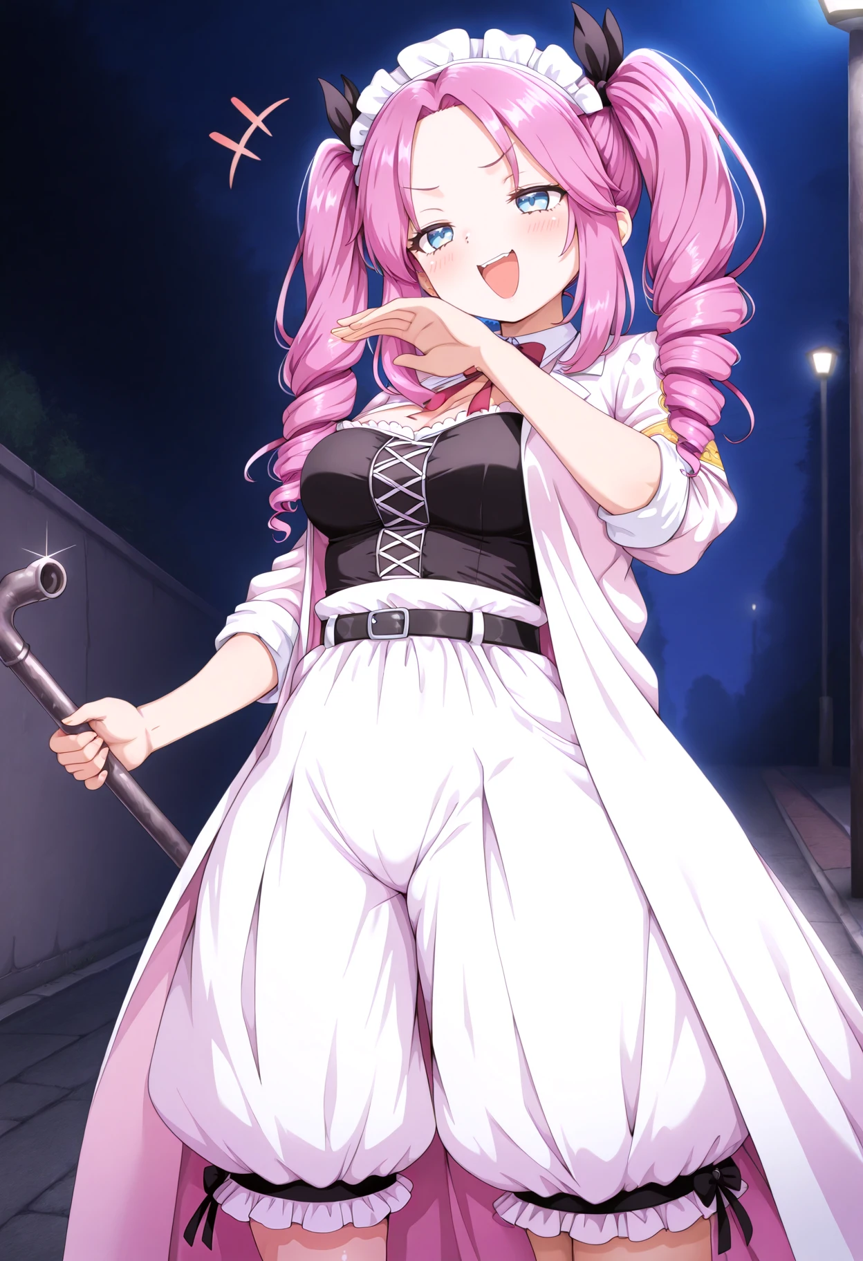 masterpiece, best quality, amazing quality,
at night,
1girl, solo, holding lead_pipe,
<lora:TokkoFuku-IL-v1-rev1:1>, TokkoFuku,  black belt,   frilled pink long coat, frilled pink puffy pants,  cowboy shot, sleeves rolled up, shirt tucked in, frilled tube top, frills, navel, crop top,
outdoors, street, <lora:shikoku_metan_XL_illustrious-noob_v1:1> shikoku metan, pink hair, drill twintail hair, parted bangs, blue eyes, maid headdress,  <lora:ojou-samapose_Illust_v1:0.8> ojou-sama pose, laughing, +++,