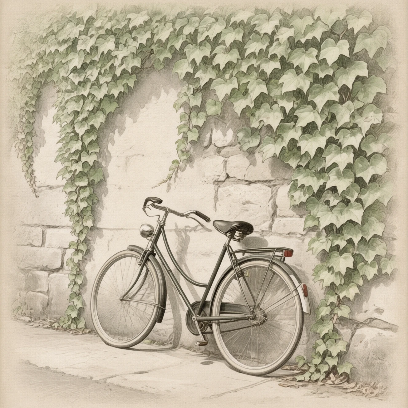 Vintage drawing style.
A bicycle leaning against an ivy-covered stone wall. The ivy leaves are a pale green. Muted tones.