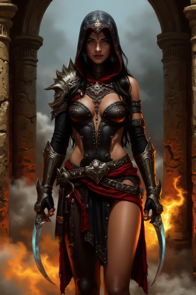 Painted illustration of a rogue assassin standing in the shadows of a torch-lit temple. She wears a sleek leather outfit with exposed shoulders and cut-out panels, lined with silver studs and crimson fabric. A pair of curved daggers glow faintly at her sides as her hood partially covers her dark, flowing hair. Background hints of ancient ruins, smoke curling around her form, moody and intense lighting.