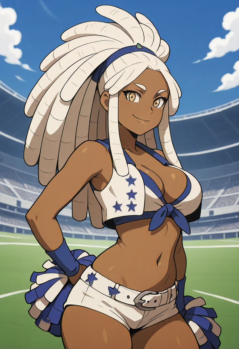 masterpiece, best quality, solo, curvy, beautiful eyes, narrow waist, wide hips, 1girl, solo, smile, looking at viewer, foreshortening, close up,    zzKacti, yellow eyes, white hair, long hair, sidelocks, dreadlocks, dark skin,  <lora:KactiThorn:1.0>, , smile, looking at viewer, cowboy shot, large breasts, DalCowCheer, navel, midriff, belt, blue tied shirt, white vest, white shorts, short shorts, skindentation, stadium, cheerleader, pom pom (cheerleading), <lora:DallasCowboysCheerleaders_IXL_v2:1.0>,