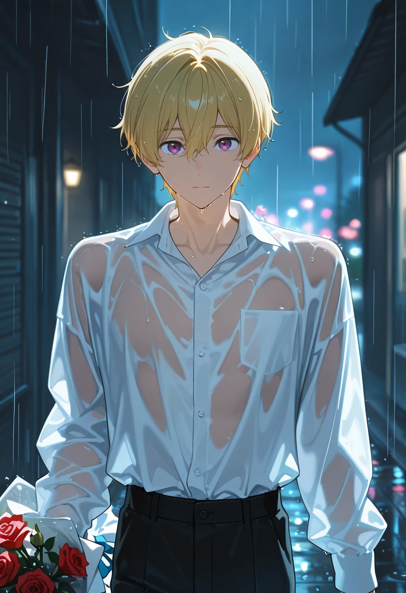 very awa, masterpiece, best quality, absurdres, newest, perfect quality, detailed background, intricate details, solo,
<lora:ILFr33Nag1saH4zuk1:1>
Fr33Nag1saH4zuk1, 1boy, male focus, blonde hair, hair between eyes, purple eyes, white shirt, flower, rain, wet clothes, black pants, night, holding bouquet, blurry background, outdoors, collared shirt, long sleeves, wet shirt, wet hair, looking at viewer, rose