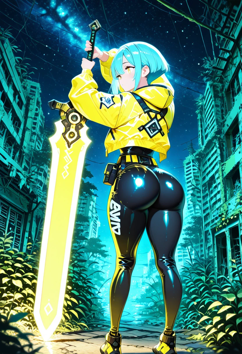 masterpiece, best quality, amazing quality, 4k, very aesthetic, high resolution, ultra-detailed,  ,[], C1tr0nSw0rd, 1girl, solo, short hair, long sleeves, standing, jacket, full body, yellow eyes, ass, sidelocks, thighs, blue hair, outdoors, sky, shoes, shiny, belt, looking back, pants,   night, glowing, plant, building, star (sky), night sky, cropped jacket, shiny clothes, pouch, city, ass focus, yellow jacket, huge ass, ruins, belt pouch, reverse grip, glowing weapon, overgrown  ,[], cinematic lighting, rim light, detailed background, depth of field, volumetric lighting, (side view),      <lora:EpicSwordStyle_IXL:1.0>,