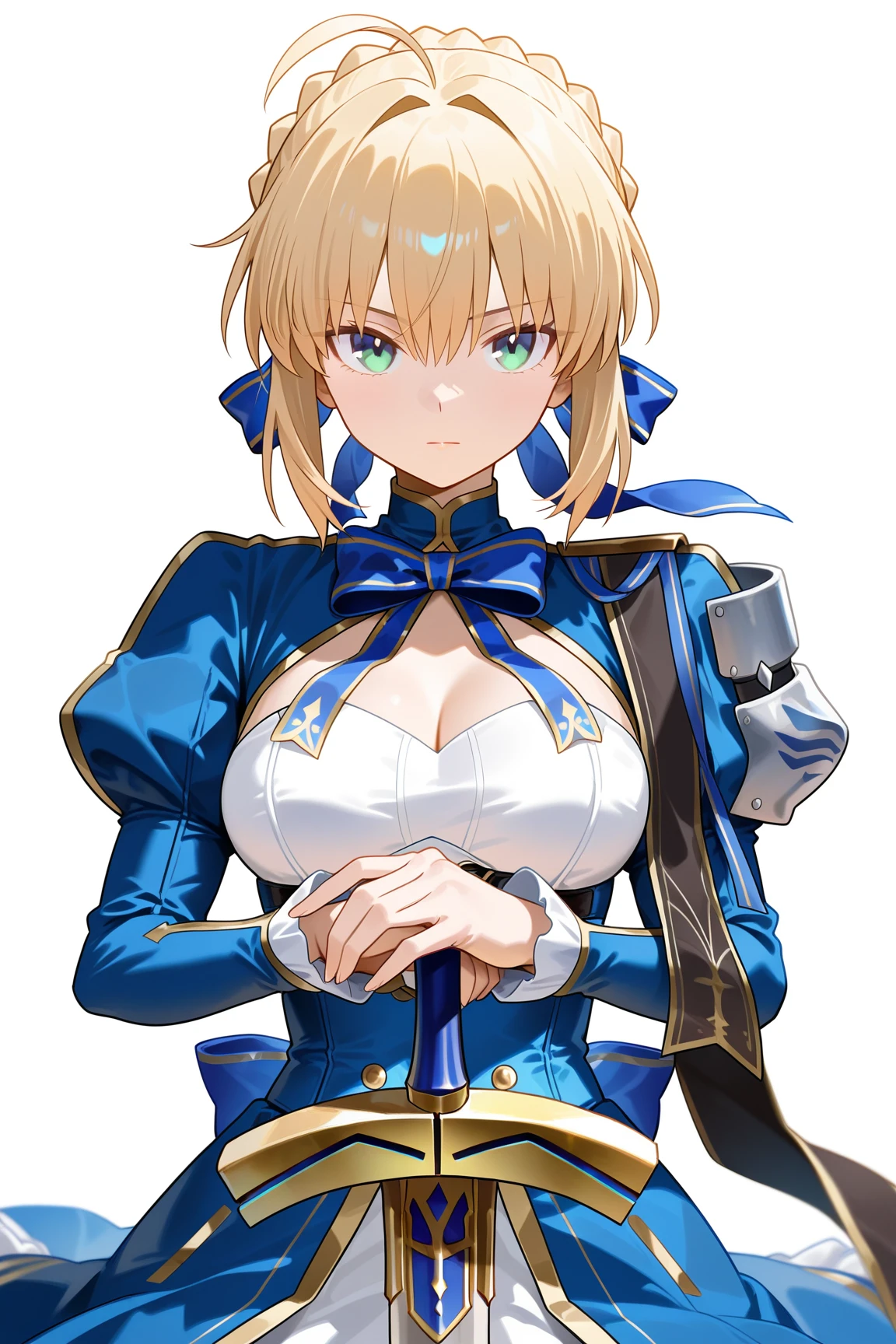 <lora:c_saber (honkai star rail)_(fate)_ilv1.0-xl:1>,saber \(honkai star rail\) \(fate\),1girl,weapon,sword,breasts,solo,ahoge,dress,holding sword,holding weapon,cleavage,holding,long sleeves,ribbon,braid,white background,juliet sleeves,puffy sleeves,blue ribbon,looking at viewer,medium breasts,armor,excalibur \(fate/stay night\),blue dress,hair bun,hair ribbon,simple background,closed mouth,cleavage cutout,french braid,single hair bun,, masterpiece, best quality,