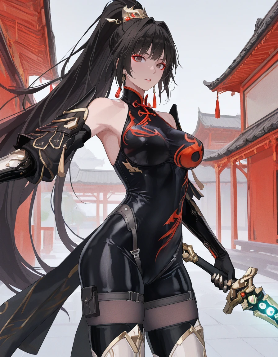 masterpiece,best quality,amazing quality,very aesthetic,high resolution,ultra detailed,perfect details,
1girl,solo,full_body,standing,looking_at_viewer,<lora:mai_pgr_qu_qm_lqgy:1>,mai_pgr_qu_qm_lqgy,brown eyes,red eyeshadow,very_long_hair,high_ponytail,black_hair,mature female,(aged up:1.5),hair_ornament,bodysuit,bare_shoulders,gloves,mechanical_arms,pantyhose,boots,black_bodysuit,chinese_clothes,thigh_boots,white_footwear,tassel,gold_trim,holding_sword,<lora:mai_pgr_x1:1>,cowboy shot, dynamic pose, china building, outdoors