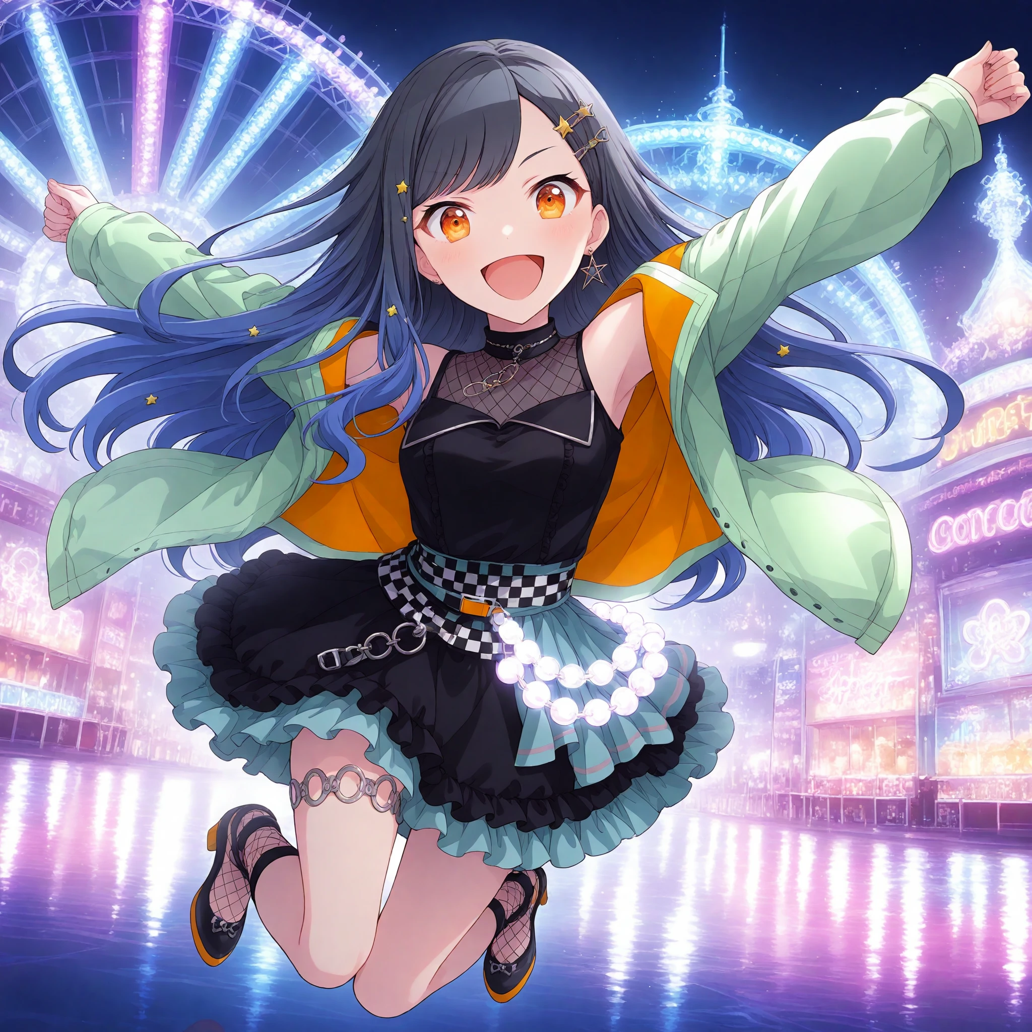1girl, shiraishi an, project sekai, solo, from below, view straight on,
excitement parade, orange eyes, detailed eyes, :D, happy, four fingers and thumb,
looking at viewer, jumping, heels up, arms up, dutch angle, full body, outstretched fingers,
black skirt, star hair ornament, checkered belt, bow, single star earring, black dress, green jacket, fishnets, sleeveless shirt, hairclip, open jacket, off shoulder, frilled skirt, layered skirt, asymmetrical light blue skirt, waist beads,
dark, midnight, amusement park, neon light, glowing light, electrical parade,
nijistyle, jwst, masterpiece, amazing quality, very aesthetic,
<lora:hand 5.5:1>, <lora:ObIL-style-nijistyle02:0.6>, <lora:ObIL-style-JWST02:0.2>,
<lora:ObIL-vbs-FunnyBuddyAn01:0.6>