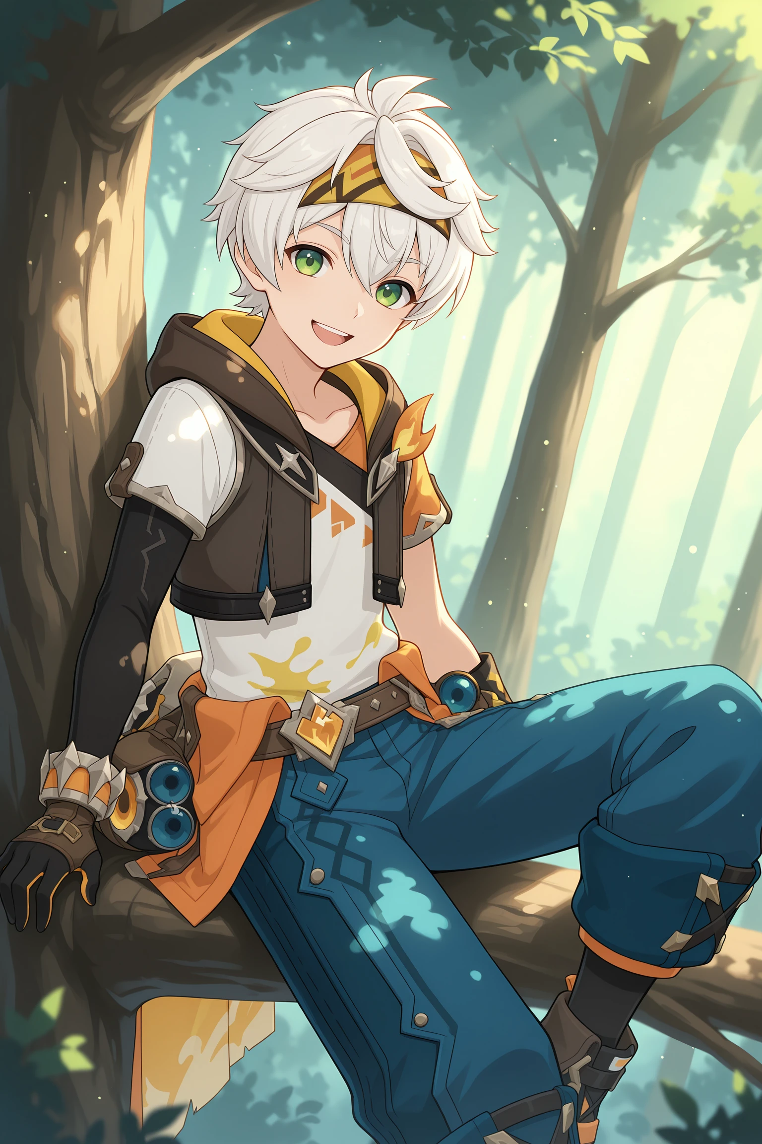 masterpiece, best quality, absurdres, ultra-detailed, extremely detailed, anime, volumetric lighting, masculine male, (dynamic angle:1.3), bennett_skin, 1boy, gloves, male focus, green eyes, tree, solo, in tree, black gloves, white hair, short hair, blue pants, sitting in tree, hood, outdoors, smile, pants, open mouth, headband, looking at viewer, sitting, hair between eyes, short sleeves <lora:bennett_adventures_in_blazing_hue:0.8>