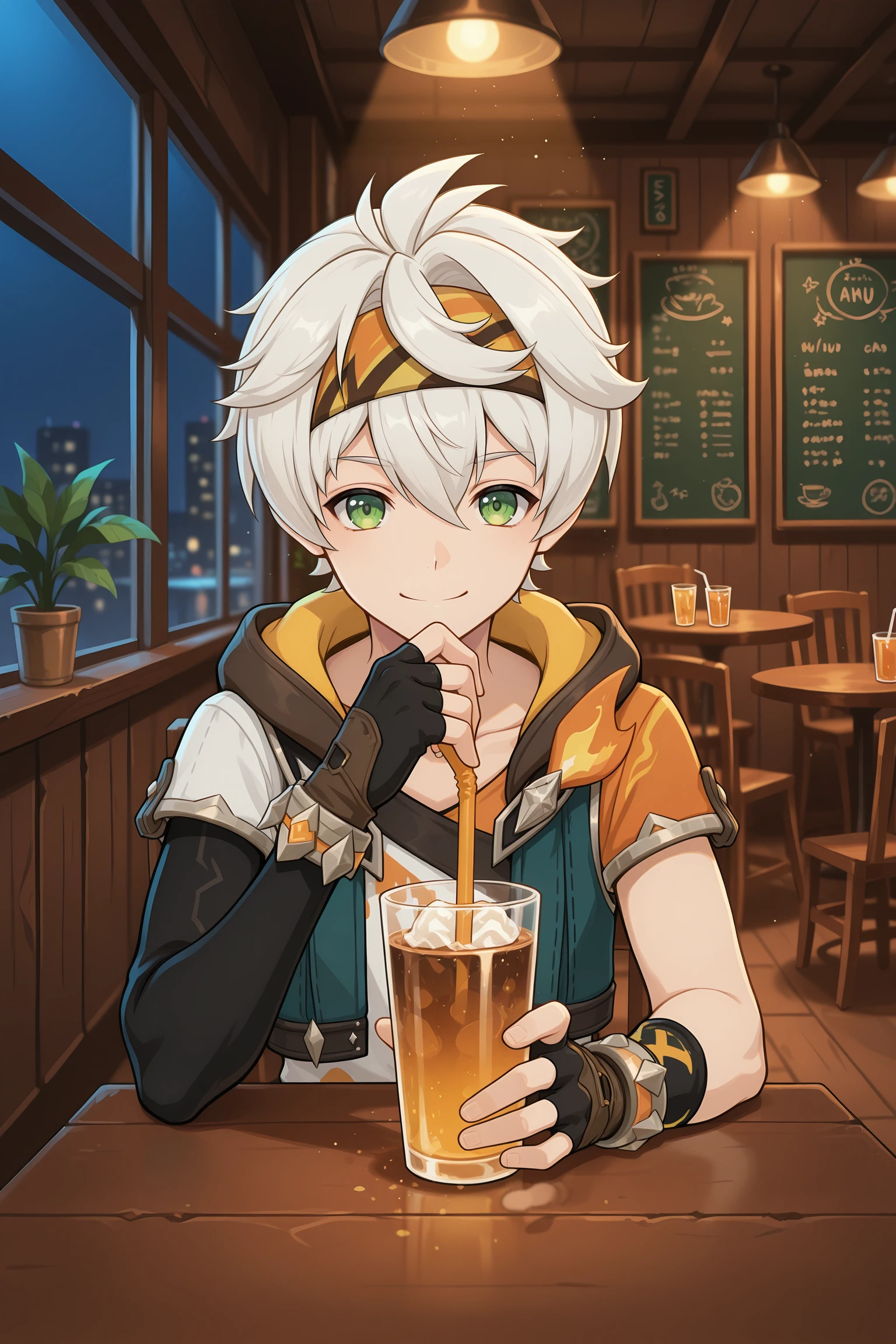masterpiece, best quality, absurdres, ultra-detailed, extremely detailed, anime, volumetric lighting, night, depth of field, bennett_skin, 1boy, cafe, male focus, green eyes, gloves, drinking straw, solo, sitting, cup, short hair, indoors, headband, chair, table, plant, smile, fingerless gloves, white hair, drinking, asymmetrical sleeves, hand on table, short sleeves, menu board, hair between eyes, drink, chalkboard, shirt, hood, window, jacket <lora:bennett_adventures_in_blazing_hue:0.8>