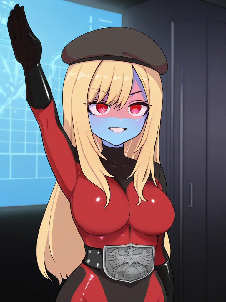 masterpiece,best quality,amazing quality
sharp gaze, confident smile, standing in a dimly lit, holographic maps in background, dramatic lighting, serious, powerful, villainess, dark roo,
large breasts, red eyes, latex elbow gloves, ((colored skin)), shocker belt, red shocker, red shocker bodysuit, beret, ((shocker salute)),yoona,bangs,blonde hair,long hair, blue skin