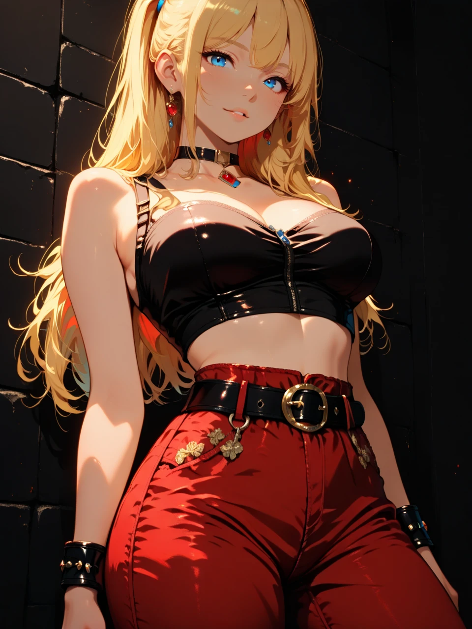 masterpiece, best quality, very awa, absurdres, Good quality, very aesthetic, newest, very sexy girl, sexy figure, 1girl, 25yo, blonde hair, medium breast, blue eyes, beautiful face, crop top, belt with buckle, red pants, black choker, bracelets, black wall background, leather cuffs, black wristbands, black wall, urban setting, revealing midriff, confident stance, forward gaze.