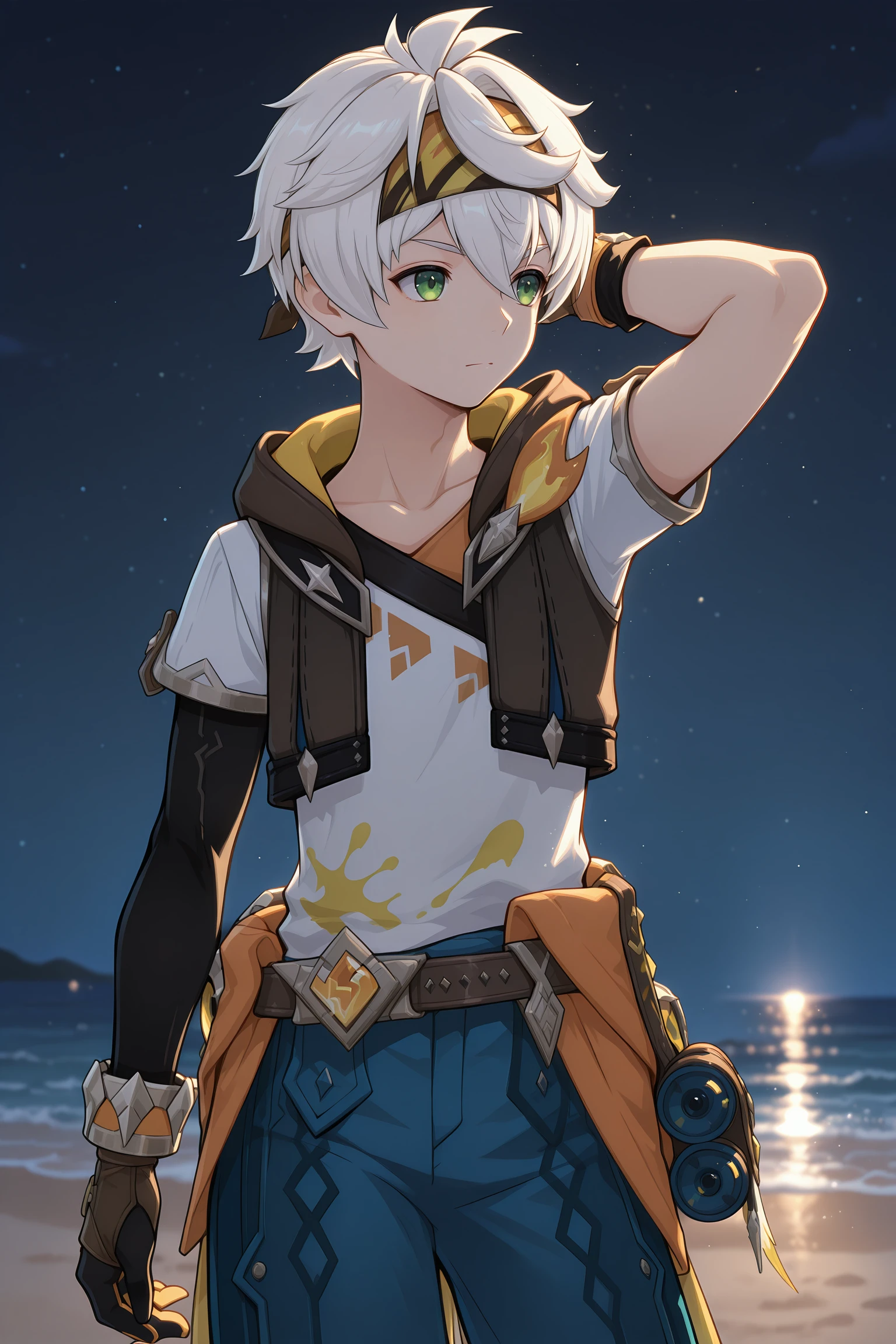 masterpiece, best quality, absurdres, ultra-detailed, extremely detailed, anime, volumetric lighting, night, depth of field, bennett_skin, 1boy, male focus, green eyes, gloves, solo, white hair, headband, fingerless gloves, shirt, short hair, black gloves, blue pants, brown gloves, closed mouth, short sleeves, blue shorts, belt, hair between eyes, arm behind head, pants, jacket, looking to the side, hood, shorts, white shirt, beach <lora:bennett_adventures_in_blazing_hue:1.1>