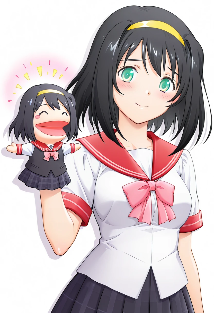 masterpiece, best quality, amazing quality, very aesthetic, absurdres, ultra detailed,
1girl, solo, ak3h1me_m@yu, black hair, short hair, green eyes, yellow hairband, shiny skin BREAK school uniform, pink bow, red sailor collar, plaid skirt, black skirt,
^ ^, shy smile, blush, standing, hppt,hand puppet, happy aura, simple background, white background, upper body, soft shadows <lora:hand_puppet_IL_v1:1> <lora:akehime mayu v1.0-000014:0.9>