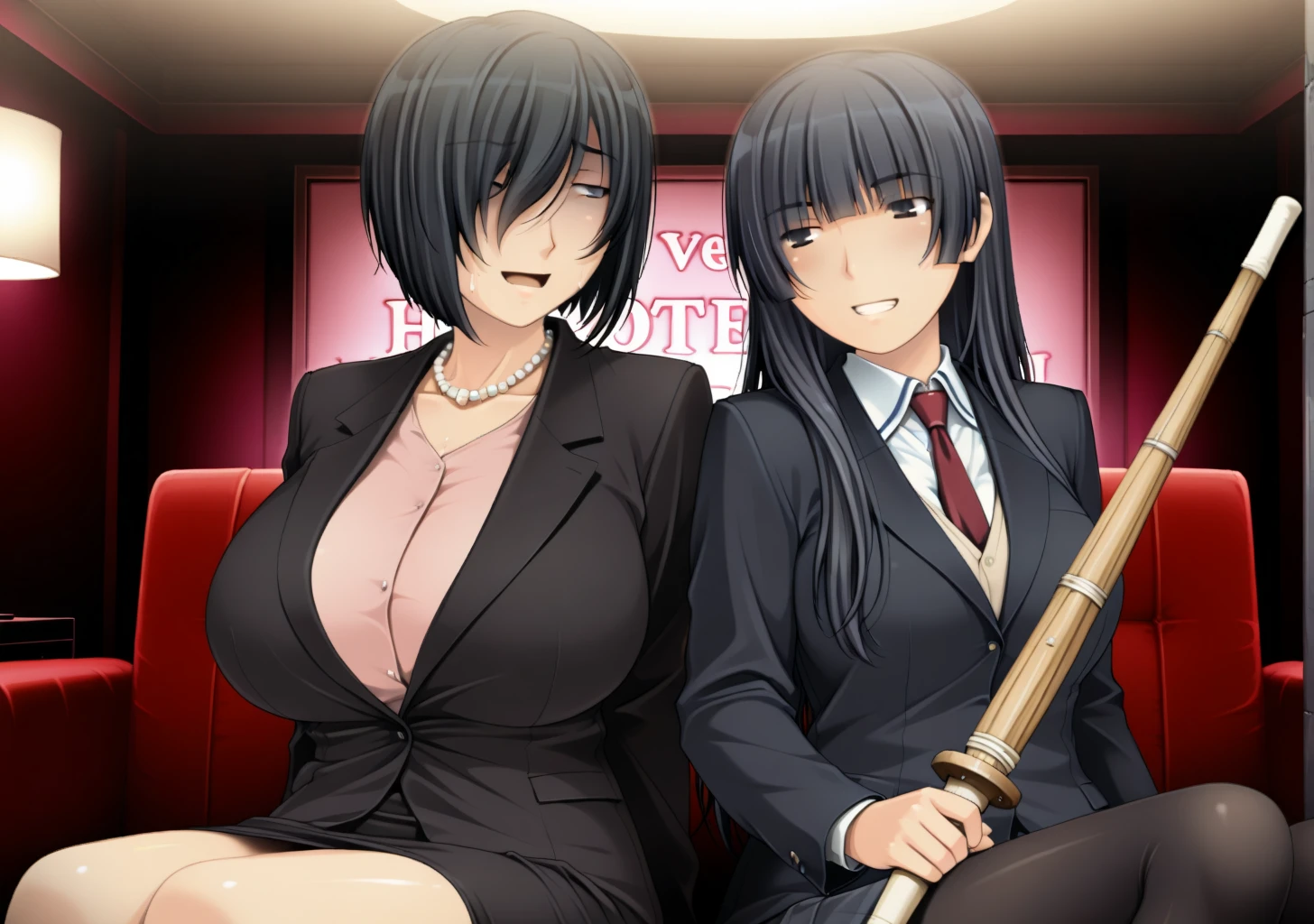 masterpiece, best quality, absurdres, perfect lighting,shiny skin,2girls,side_by_side,dimlighting,concrete, sitting,love hotel,
BREAK nakatsu,short hair,hair between eyes, bangs,hair over one eye,black hair,blue eyes, <lora:nakatsu_illu3:0.8>,formal suit,black jacket,pink shirt,pencil skirt, jewelry,pearl necklace,huge breasts,forced smile, half-closed eyes, leaning forward, looking to the side, shaded face, sweat, open mouth,
BREAK shizuku, black hair, long hair,blunt bangs,black eyes,<lora:shizuku_illu2:0.8>,school uniform,blazer,red necktie,skirt,black pantyhose,shinai,grin,holding weapon,