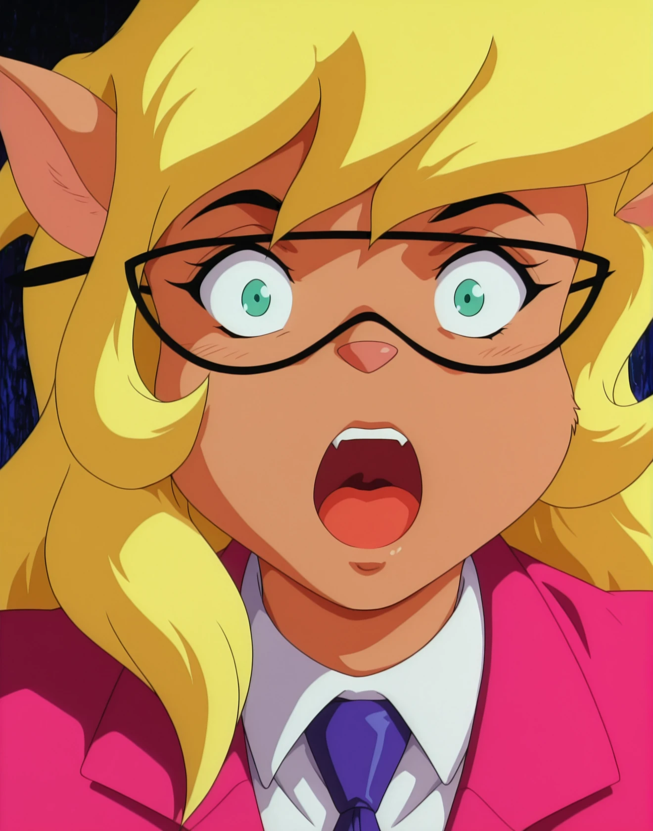 masterpiece, best quality, source_furry, 1girl, solo, Callie_BriggsSWCT, glasses, blond hair, long hair, green eyes, furry, anthro, glasses, necktie, pink formal, suit, skirt, pencil skirt, pointy ears, retro artstyle, bangs, 1990s (style), <lora:Callie_BriggsSWCT_IL:1> face focus, close up, open mouth, surprised, looking at viewer,