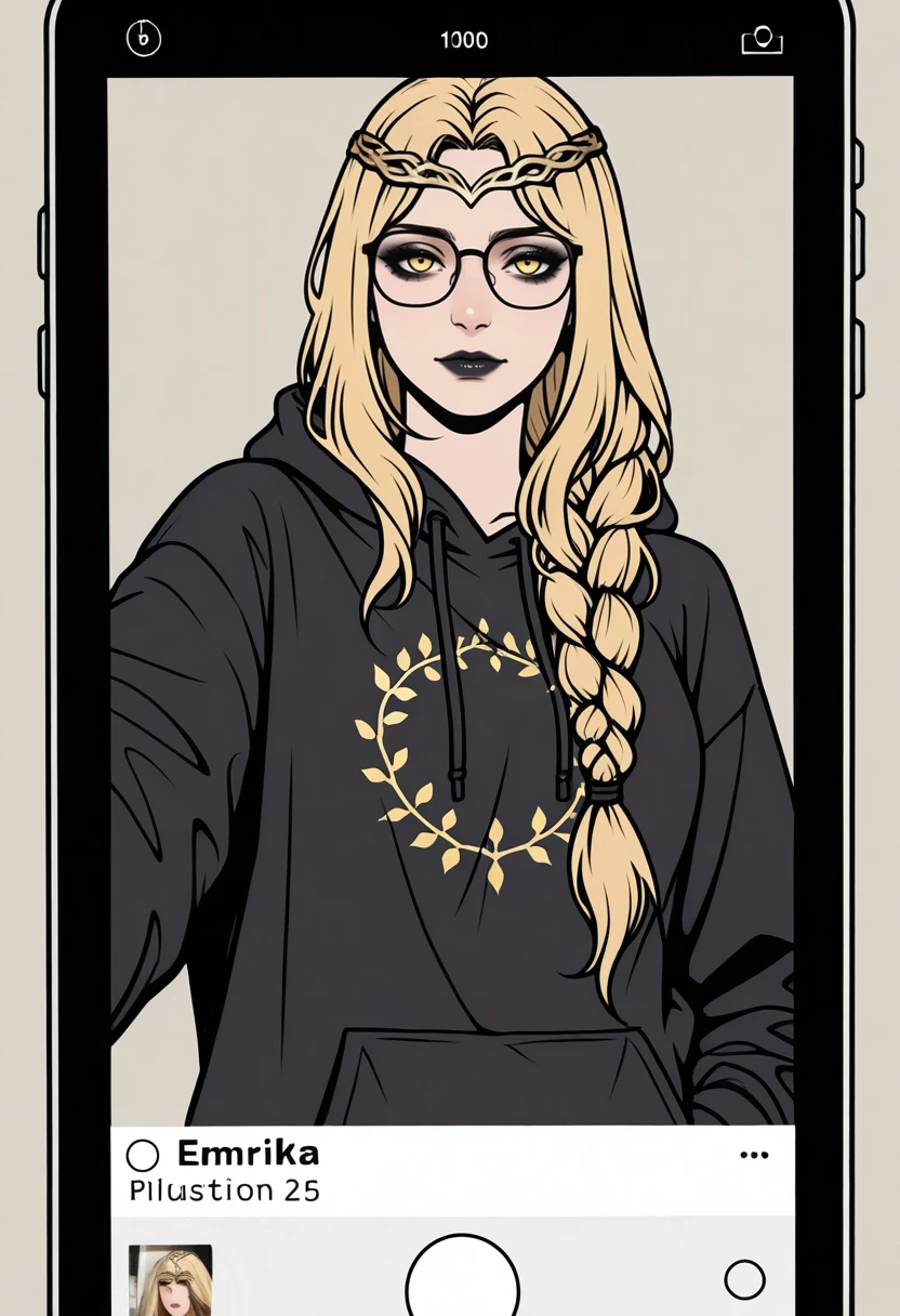very awa, masterpiece, best quality, absurdres, newest, perfect quality, detailed background, intricate details, solo,
<lora:ILERMarika:1.0>
ERMarika, 1girl, long hair, single braid, blonde hair, circlet, yellow eyes, looking at viewer, illustration, thick lines, flat color,black hoodie decorated with a dragon embroidery pattern, glasses, gothic makeup, high quality photo, iPhone selfie photo, instagram profile picture, full body