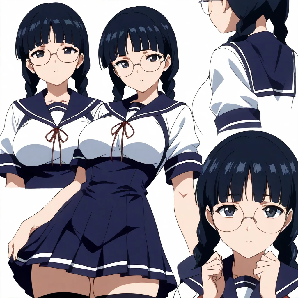 solo,looking at viewer,anime coloring,masterpiece,high score,great score,absurdres,portrait,white background,<lora:character_Sheet_XL:0.5> character sheet, multiple views, white background,<lora:NaoKurata ag4o:1> naokurata, black hair, twin braids, black eyes, glasses,serafuku,underbust,thighhighs,