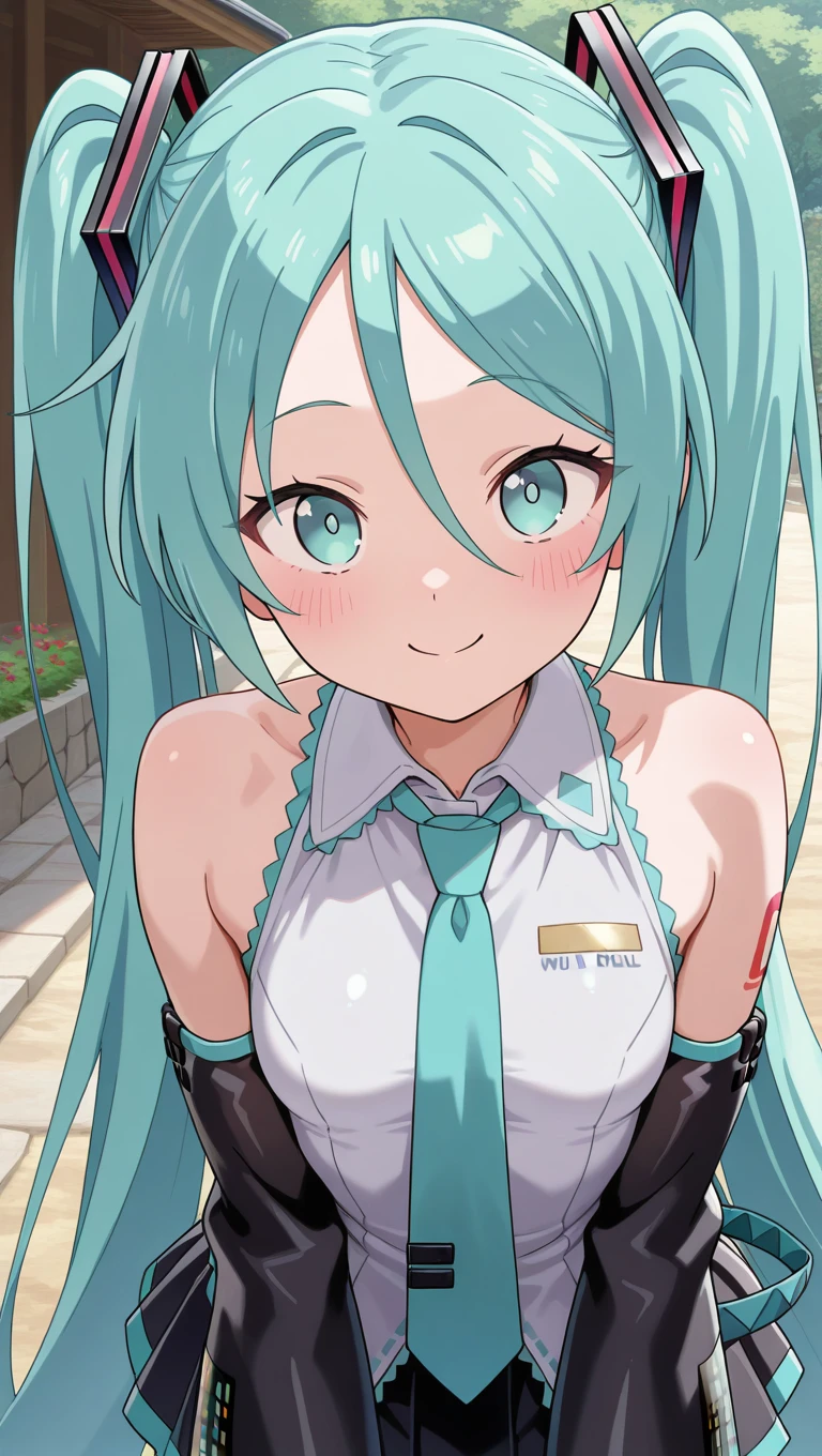 (masterpiece),best quality,amazing quality,very aesthetic,absurdres,newest,perfect body,shiny skin,perfect eyes,detail1eye,well-defined fingers,well-defined fingernails,anime style,outdoors,1girl,solo,upper body,(portrait:1.5),looking at viewer,facing viewer,smile,blush,I Was Reincarnated As The 7th Prince So I Can Take My Time Perfecting My Magical Ability anime style,hatsune miku,absurdly long hair,aqua hair,twintails,hair ornament,sidelocks,hair between eyes,parted bangs,aqua eyes,white shirt,collared shirt,bare shoulders,sleeveless shirt,aqua necktie,detached sleeves,black sleeves,shoulder tattoo,fringe,miniskirt,pleated skirt,<lora:Hatsune Miku(voc)-Illus-Remake:1.6>,<lora:I Was Reincarnated As The 7th Prince anime[style]-Illus:2.4>,