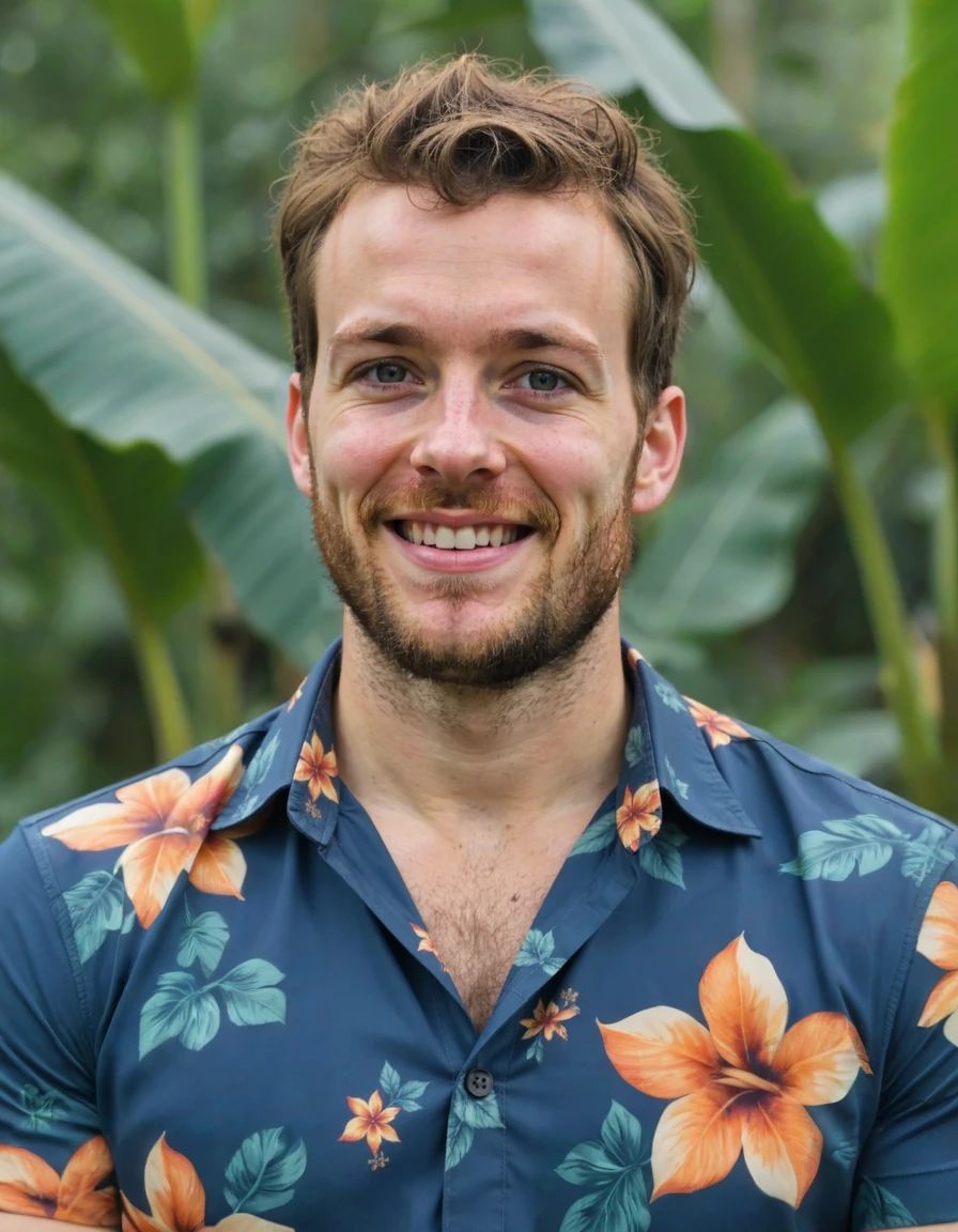 l3n0v0 photo portrait. SeanNobody is wearing a Hawaiian floral print shirt. He is surrounded by colorful tropical plants, and banana fronds. He smile and looks at the camera. (He is muscular and burly.:0.55)