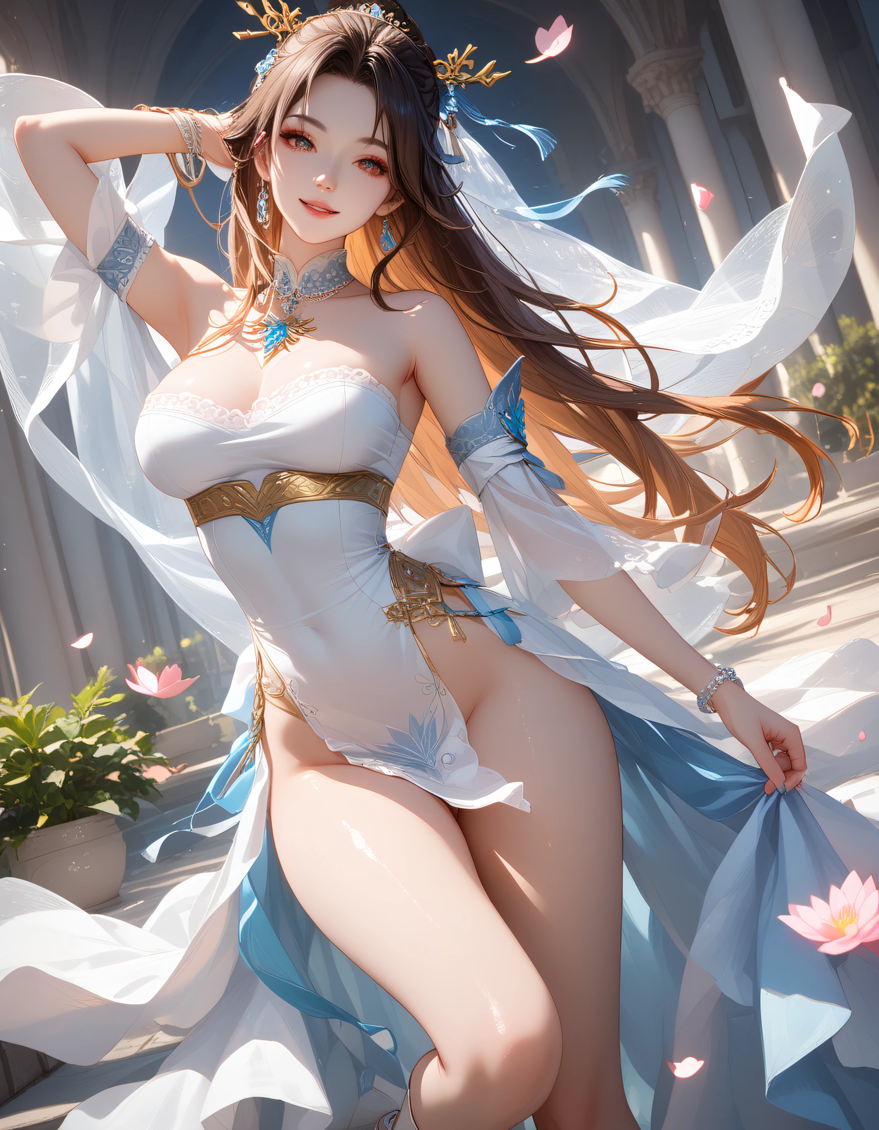 zPDXL3, safe_pos, score_9, score_8_up, source_realistic, source_anime,
8k, best quality, ultra high res, sharp focus,
masterpiece, expressive, digital art, cinematic,
intricate details, extremely detailed, Unreal Engine,
cinematic light, photo studio lighting,
dramatic angle, dynamic camera angle, unique perspective, unique angle, wide angle, dutch angle, foreshortening,
establishing shot, graceful stretching angle,
Diffuse lighting, (sfw:1.3),
Agfa APX 400, Ektar 100, Flash Photography,
1girl, , seductive smile, hanfu, natural breasts,
, ExpressiveH,
blurred eyes, innocent, lovely face,
big eyes, beautiful detailed eyes, very detailed eyes, detailed beautiful delicate face,
realistic humid skin, detailed skin,
sexy pose, sensual posture, graceful pose, curvy, scenery, perfect legs,
erotic posture, sexual intent, sensual, alluring, voluptuous,
(dynamic pose:1.3), (more detail:1.3),
blurry background,
beautiful cyclamen girl with heart-shaped leaves, swept-back petals, and underground tubers xianxia maiden, jade cyan dominant color dress with raw diamond with uncut crystal beauty and crimson sunset orange secondary tones, furry coat with soft animal warmth surface texture,
wearing elegant fitted sleeve qipao with stretch fabric with unlined collar with single layer collar and crystal sheer hanfu blouse with veil over delicate short half sleeves sleeves,
embroidered silk ruqun skirt with lotus patterns with corded hem with rope insertion and golden belt with phoenix motif with lotus details belt, sacred white lotus petal shoes footwear,
facial features: fierce rebellion with challenging stare expression, sandstone brows with weathered appearance eyebrows, moonlit thin eyeliner with lotus petal shadow with ornamented details eye makeup, lotus amber glowing jewel mark with heirloom details forehead markings,
hair styling: flowing side braid with silk ribbon and silk ribbon binding with flowing ties hairstyles,
accessories: shimmering pearl hair ornament hair ornaments, sacred emerald necklace with dragon details jewelry, frilled crystal bracelet chains with jade details and jade pendant with protective power additional accessories,
pose: mesmerizing cloud watching pose with arms behind head in peaceful monastery garden with pruned trees environment with patterned riverbank with willow trees background,
atmosphere: winter plum blossoms enduring frost seasonal elements, prismatic rainbow light with spectrum colors lighting effects