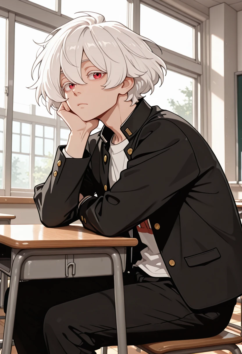 very awa, masterpiece, best quality, absurdres, newest, perfect quality, detailed background, intricate details, solo,
<lora:ILB4kut3nM4sh1ro:1>
B4kut3nM4sh1ro, 1boy, male focus, white hair, hair between eyes, red eyes, short hair, colored eyelashes, looking at viewer, feet out of frame, expressionless, closed mouth, looking away, sitting, on chair, head rest, school desk, gakuran, black jacket, open jacket, long sleeves, white shirt, t-shirt, black pants, indoors, classroom, window