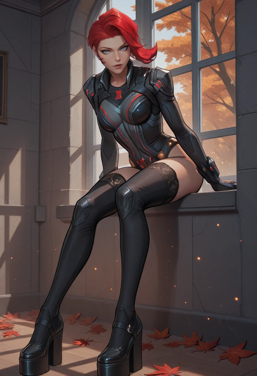 very awa, masterpiece, best quality, absurdres, newest, perfect quality, detailed background, intricate details, solo,
<lora:ILMRBl4ckW1d0w:1>
MRBl4ckW1d0w, 1girl, red hair, asymmetrical hair, short hair, blue eyes, window, backlight, autumn, cinematic, leaning, wall, leg_outstretched, high_angle, openwork_lace_thighhighs_with_intricate_details, platform_shoes, leotard, looking at viewer, front particles