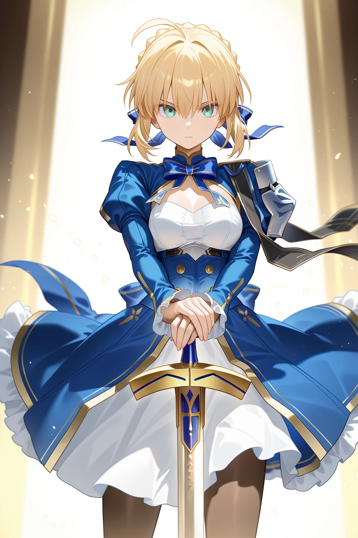 <lora:c_saber (honkai star rail)_(fate)_ilv1.0-xl:1>,saber \(honkai star rail\) \(fate\), 1girl, artoria pendragon \(fate\), blonde hair, solo, saber \(fate\), ahoge, dress, sword, armor, pantyhose, green eyes, long sleeves, , weapon, braid, brown pantyhose, ribbon, blue dress, bow, juliet sleeves, puffy sleeves, shoulder armor, blue ribbon, blue bow, looking at viewer, hair bun, bowtie, closed mouth, holding sword, , hair ribbon, hair between eyes, excalibur \(fate/stay night\), french braid, holding, masterpiece, best quality,