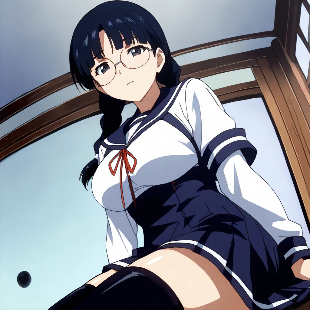 solo,looking at viewer,anime coloring,masterpiece,high score,great score,absurdres,<lora:NaoKurata ag4o:1> naokurata, black hair, twin braids, black eyes, glasses,serafuku,underbust,thighhighs,