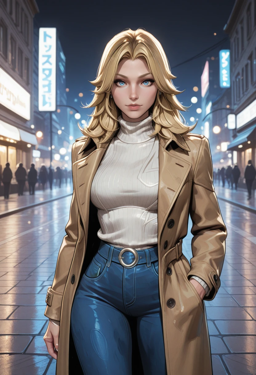 very awa, masterpiece, best quality, absurdres, newest, perfect quality, detailed background, intricate details, solo,
<lora:ILMRInvW0m4n:1>
MRInvW0m4n, 1girl, blue eyes, blonde hair, long hair, looking at viewer, 1girl, solo, open trench coat, turtleneck sweater, slim jeans, hand in pocket, BREAK city street in drizzle, neon reflections on wet pavement, BREAK cinematic cool tone lighting, bokeh, ultra sharp, 8k masterpiece