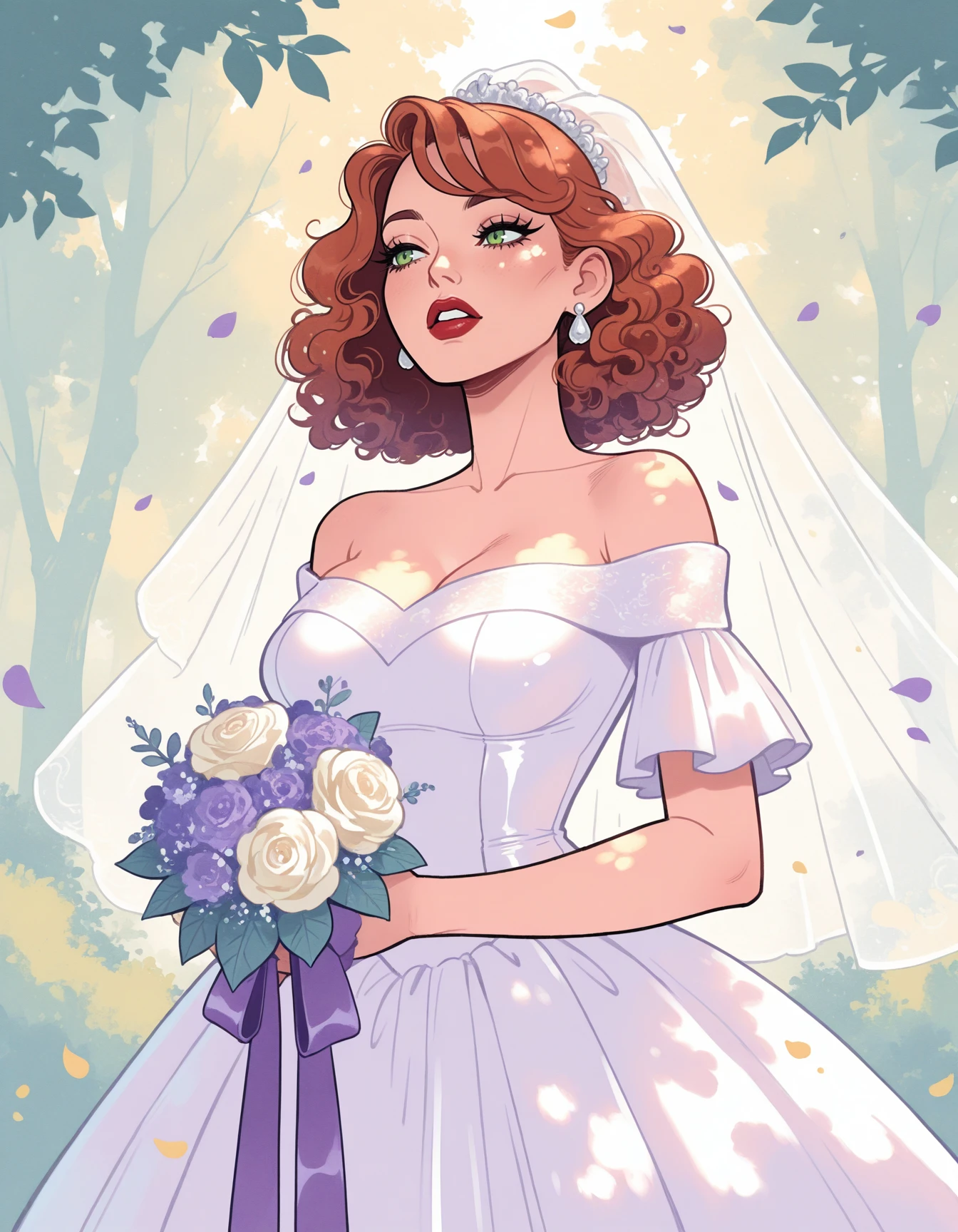 mature female, 1girl, solo,  auburn hair, curly hair, eyelashes, green eyes,  parted lips, portrait, red lips, bridal gown, wedding ballgown, bridal veil, holding bouquet, latex, cowboy shot, layered gown, off-shoulder, falling petals, outdoors, dappled sunlight,  <lora:Char_fernando-AmandaMurphy-ILXL:0.8>   <lora:Style_ecstatic-Wonderkind-ILXL:1> CW-Illu masterpiece, best quality, very aesthetic, newest