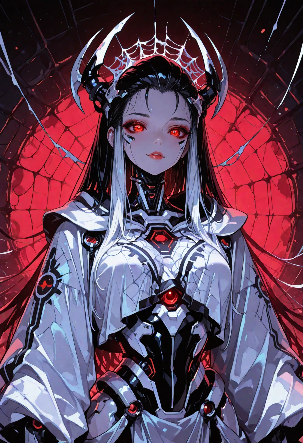 masterpiece, best quality, very aesthetic, abusurdres, 4k, newest, cyber utopia, 1girl,web crown, kawaii, black hair, red glowing eyes, pretty lips, breast, silky robe, (white hair:1.2), long hair,wires as hair, hair slicked back, pretty, black chrome, white chrome, red light in joints of the body, cute face, sexy face, black wires on head, humanoid body, arachnophobia, spider web, <lora:MoonCyberUtopiaV1.0.0:0.70>,