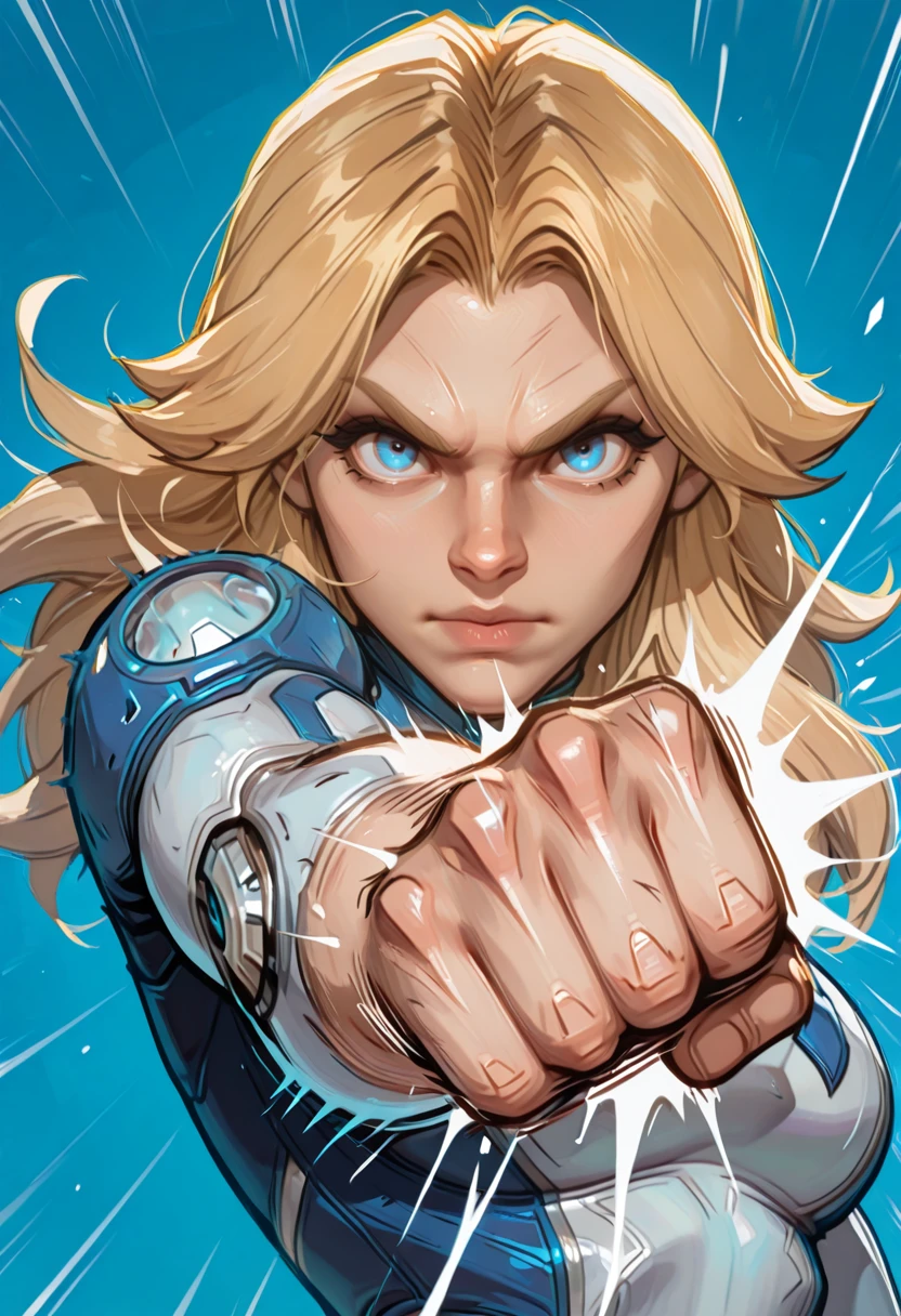 very awa, masterpiece, best quality, absurdres, newest, perfect quality, detailed background, intricate details, solo,
<lora:ILMRInvW0m4n:1>
MRInvW0m4n, 1girl, blue eyes, blonde hair, long hair, looking at viewer, action pose, ((motion line, punching, hitting viewer, focus punch, straight jab))