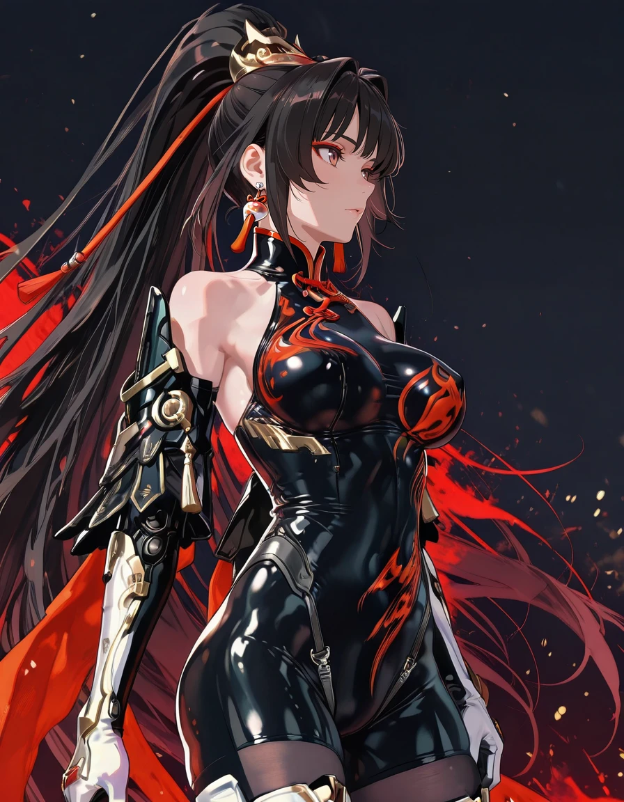 masterpiece,best quality,amazing quality,very aesthetic,high resolution,ultra detailed,perfect details,
<lora:mai_pgr_qu_qm_lqgy:1>,mai_pgr_qu_qm_lqgy,brown eyes,red eyeshadow,very_long_hair,high_ponytail,black_hair,mature female,(aged up:1.5),hair_ornament,bodysuit,bare_shoulders,gloves,mechanical_arms,pantyhose,boots,black_bodysuit,chinese_clothes,thigh_boots,white_footwear,tassel,gold_trim,
<lora:anime_portrait_wallpaper:1>,anime_portrait_wallpaper,portrait,