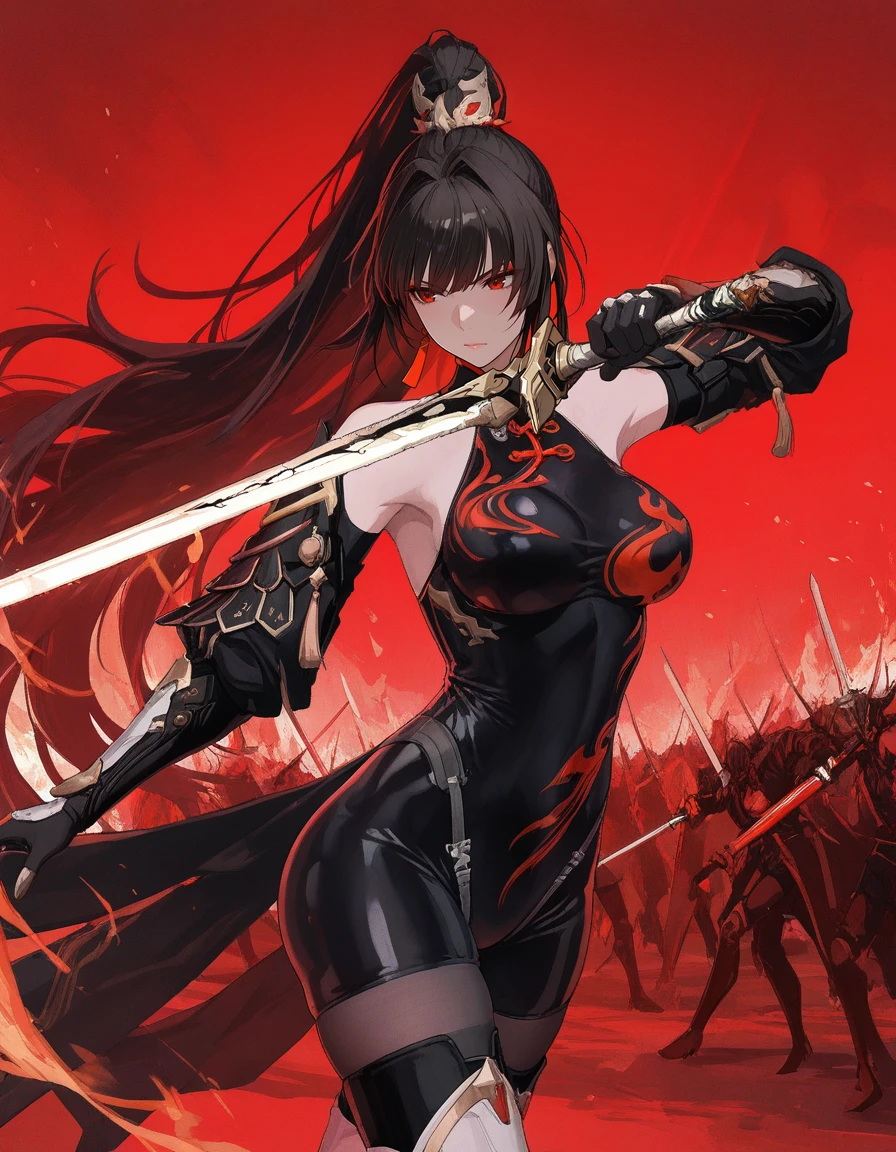masterpiece,best quality,amazing quality,very aesthetic,high resolution,ultra detailed,perfect details,
battlefield,red theme,
<lora:mai_pgr_qu_qm_lqgy:1>,mai_pgr_qu_qm_lqgy,brown eyes,red eyeshadow,very_long_hair,high_ponytail,black_hair,mature female,(aged up:1.5),hair_ornament,bodysuit,bare_shoulders,gloves,mechanical_arms,pantyhose,boots,black_bodysuit,chinese_clothes,thigh_boots,white_footwear,tassel,gold_trim,holding_sword,<lora:mai_pgr_x1:1>,
dynamic pose,fighting stance,fire,feather,cowboy shot,