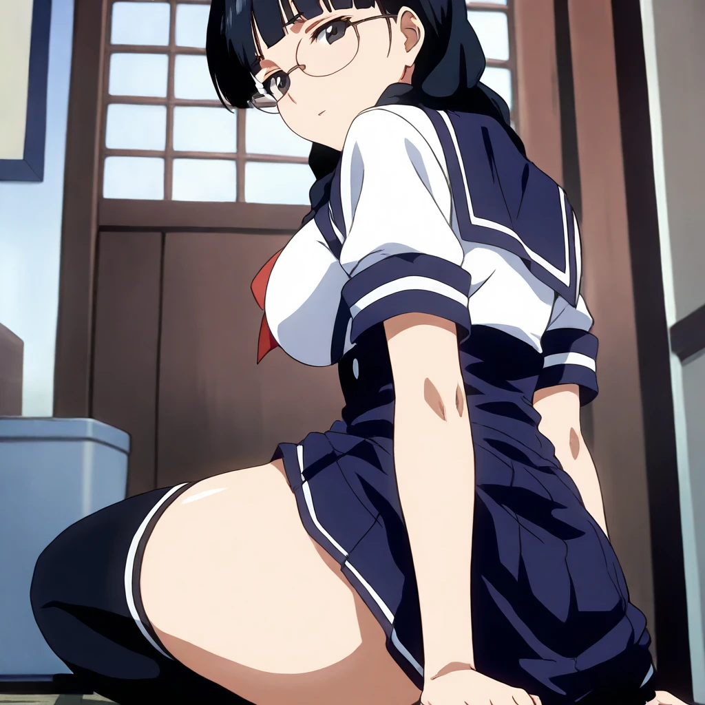 solo,looking at viewer,anime coloring,masterpiece,high score,great score,absurdres,from back,<lora:NaoKurata ag4o:1> naokurata, black hair, twin braids, black eyes, glasses,serafuku,underbust,thighhighs,