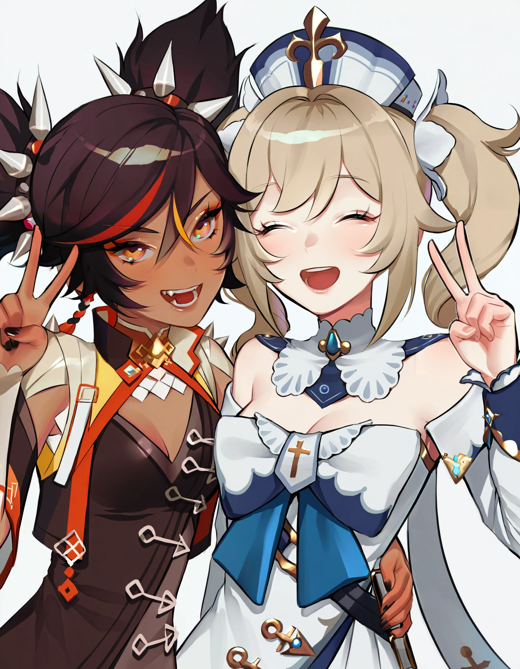 lavelis, <break> (2girls:1.2), xinyan \(genshin impact\), barbara \(genshin impact\), upper body, white background, yuri, double v, :d, <break> very awa, masterpiece, best quality, amazing quality, highres, detailed background, ultra-detailed, <segment:yolo-face_yolov8n.pt,0.3,0.4//cid=11> <segment:yolo-hand_yolov8n.pt,0.3,0.4//cid=12>