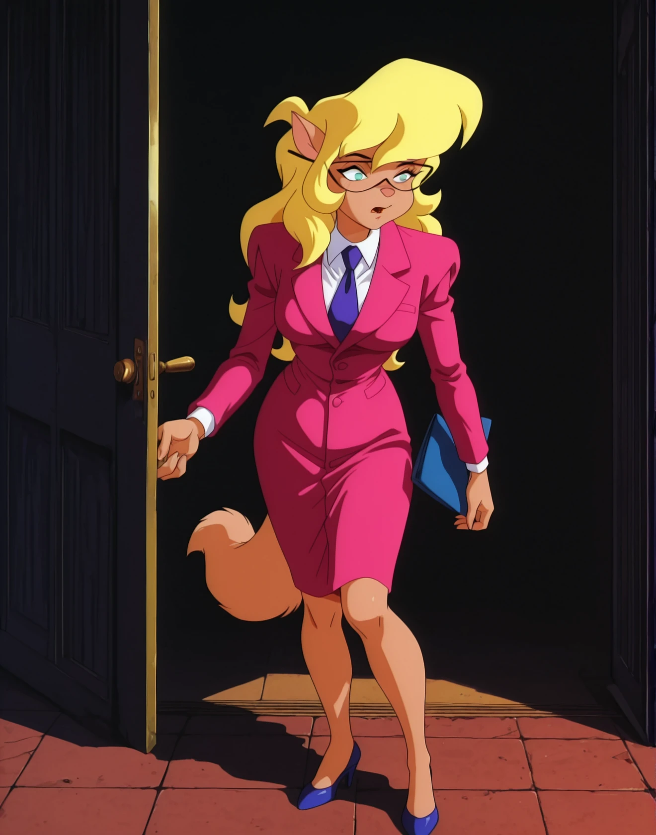 masterpiece, best quality, source_furry, 1girl, solo, Callie_BriggsSWCT, glasses, blond hair, long hair, green eyes, furry, anthro, glasses, necktie, pink formal, suit, skirt, pencil skirt, pointy ears, retro artstyle, bangs, 1990s (style), <lora:Callie_BriggsSWCT_IL:1> blue high heels, outside,